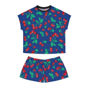 TGIF Sleepover PJs in Dark Blue Cherry Girl Tee & Pajama Shorts-Set | Pinup Couture Relaxed