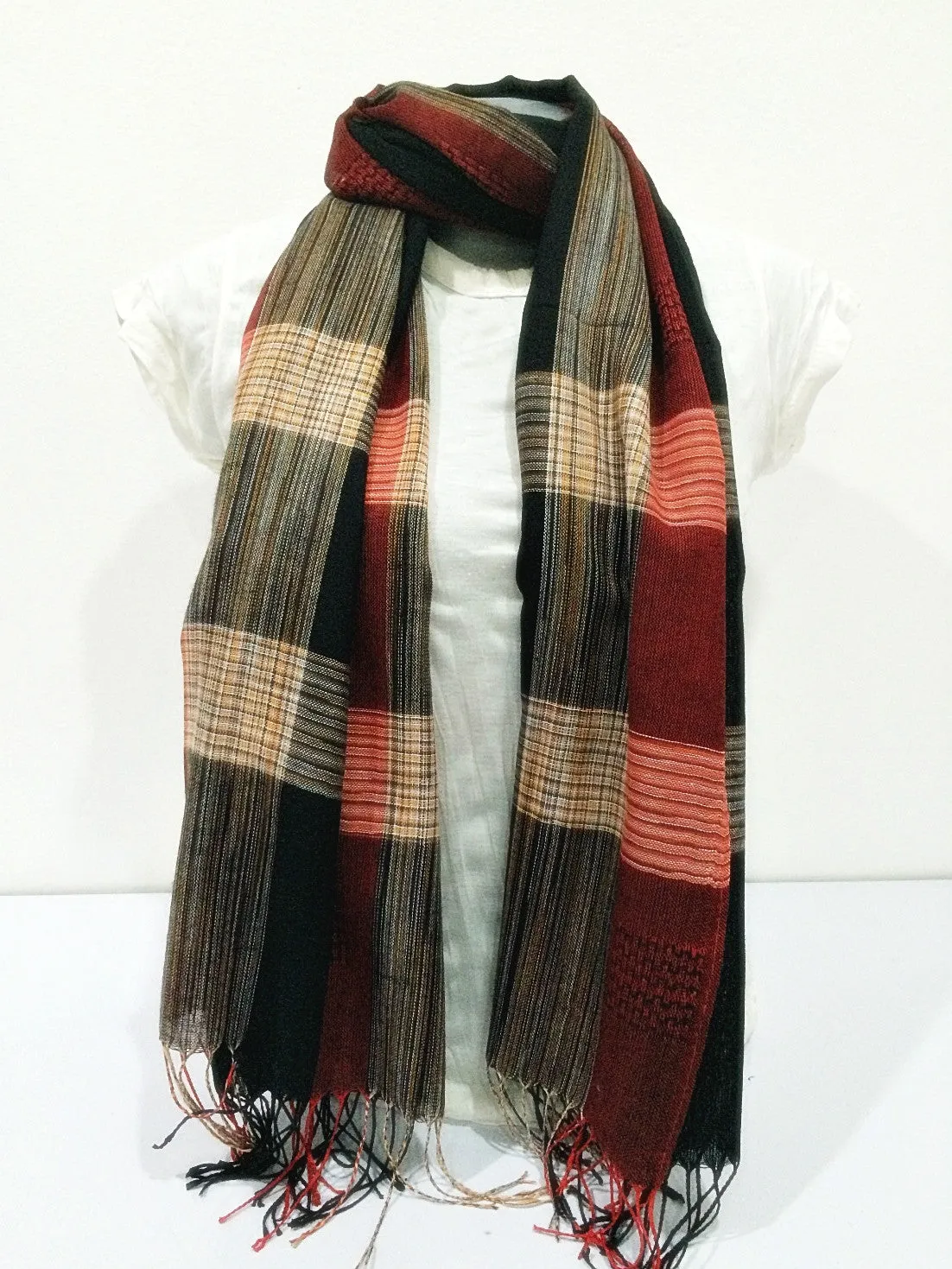 Thai Silky Plaid Scarf in Red Black