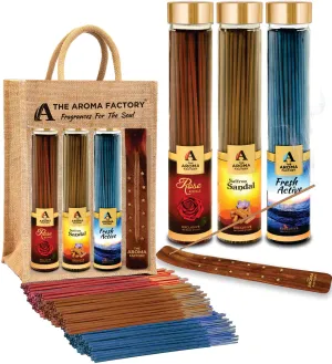 The Aroma Factory Rose,Saffron Sandal & Fresh Active Agarbatti for Pooja,Luxury Incense Sticks,100% Herbal Fragrance Agarbathi (Bottle Pack of 3x100g)