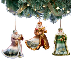 The Ashton-Drake Galleries Victorian Winter Scenes Santas Ornament Collection Issue #28 Painter of Light Artistry Three Dimensional Elegance with Elaborate Detailing Christmas Decoration Set of 3 by Thomas Kinkade 12-inches