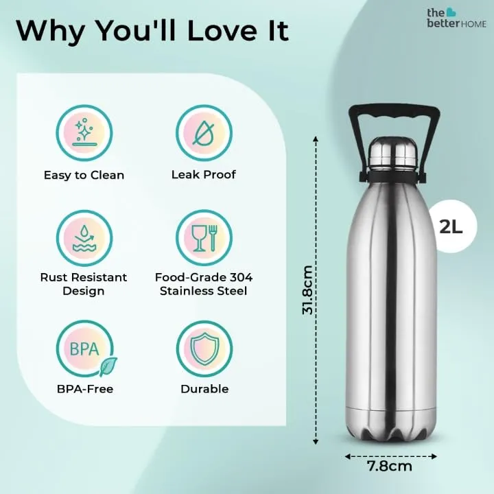 The Better Home 2 Ltrs Insulated Bottle | Doubled Wall 304 Stainless Steel | Stays Hot for 18 Hrs & Cold for 24 Hrs | Rustproof & Leakproof | Insulated Water Bottles (Black)