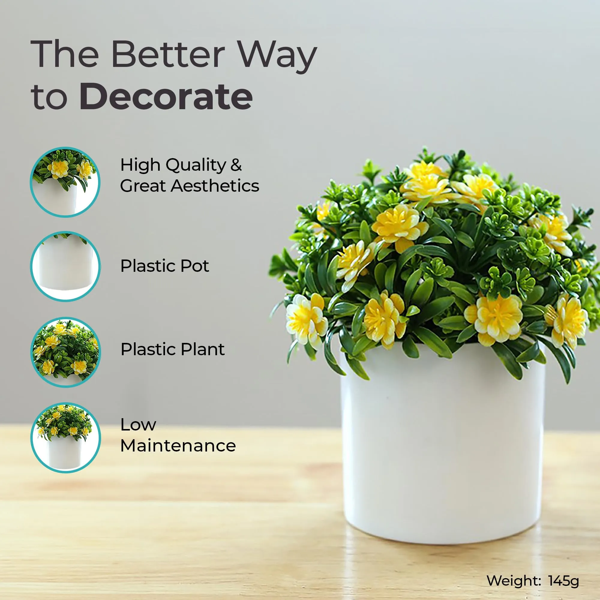 The Better Home Artificial Plants for Home Decor with Pot | Yellow Moss Rose & Grass Balls | Aesthetic Room Decor Items for Living Room, Bedroom | Fake Plants for Office, Reception, Tabletop, Shelves