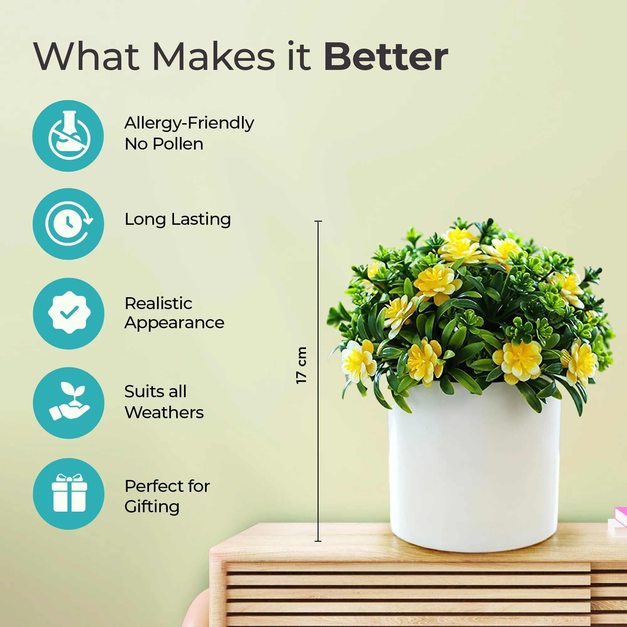 The Better Home Artificial Plants for Home Decor with Pot | Yellow Moss Rose & Grass Balls | Aesthetic Room Decor Items for Living Room, Bedroom | Fake Plants for Office, Reception, Tabletop, Shelves