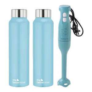 The Better Home FUMATO Turbo 250W Electric Hand Blender & Stainless Steel Water Bottle 1 Litre Pack of 2 Light Blue