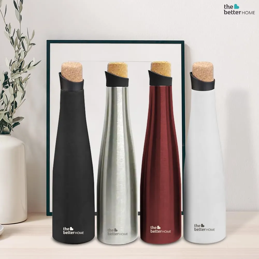 The Better Home Insulated Stainless Steel Water Bottle with Cork Cap | 18 Hours Insulation | Pack of 3-500ml Each | Hot Cold Water for Office School Gym | Leak Proof & BPA Free | White Colour