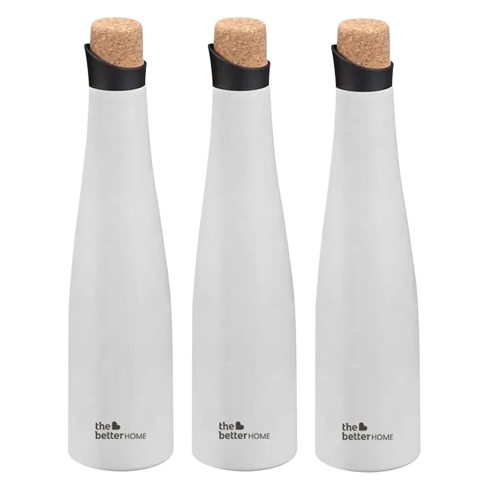 The Better Home Insulated Stainless Steel Water Bottle with Cork Cap | 18 Hours Insulation | Pack of 3-750ml Each | Hot Cold Water for Office School Gym | Leak Proof & BPA Free | White Colour