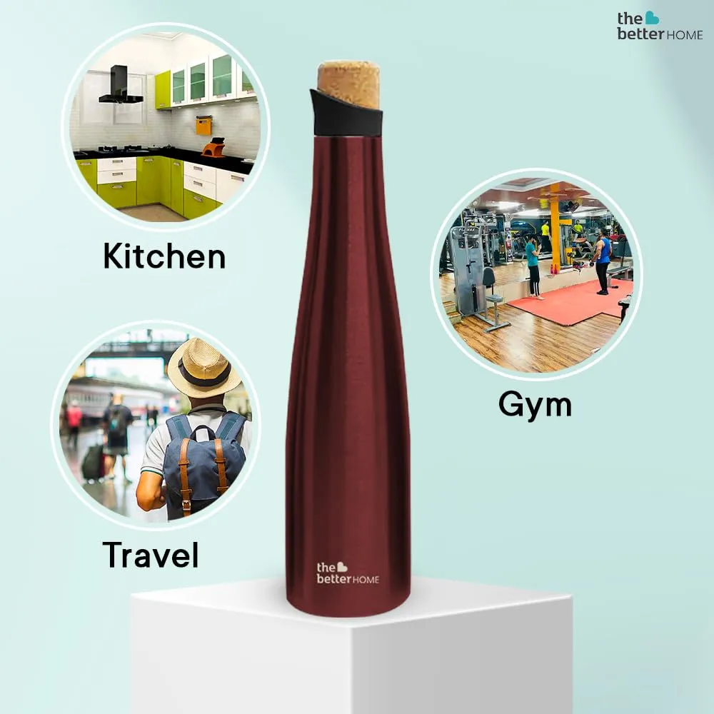 The Better Home Insulated Stainless Steel Water Bottle with Cork Cap | 18 Hours Insulation | Pack of 6-750ml Each | Hot Cold Water for Office School Gym | Leak Proof & BPA Free | Wine Colour