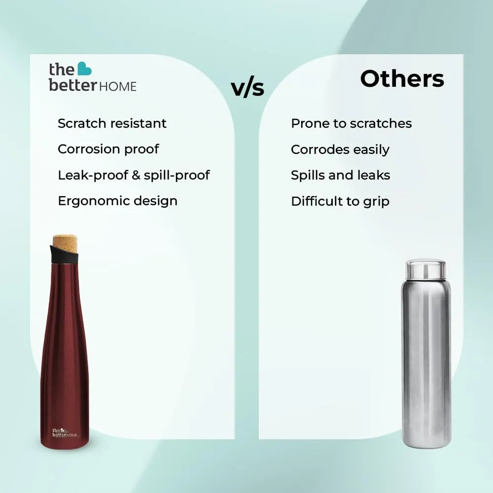 The Better Home Insulated Stainless Steel Water Bottle with Cork Cap | 18 Hours Insulation | Pack of 6-750ml Each | Hot Cold Water for Office School Gym | Leak Proof & BPA Free | Wine Colour