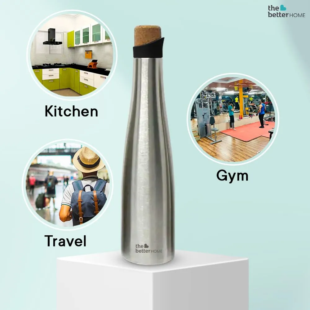 The Better Home Insulated Stainless Steel Water Bottle With Cork Cap | 18 Hours Insulation | Pack Of 9-750ml Each | Hot Cold Water For Office School Gym | Leak Proof & BPA Free | Silver Colour