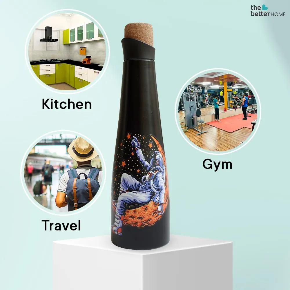 The Better Home Insulated Stainless Steel Water Bottle with Cork Cap 750ml | 18 Hours of Insulation | Hot and Cold Water for Office School Gym | Airtight Leak Proof BPA Free | Unique Astronaut Print