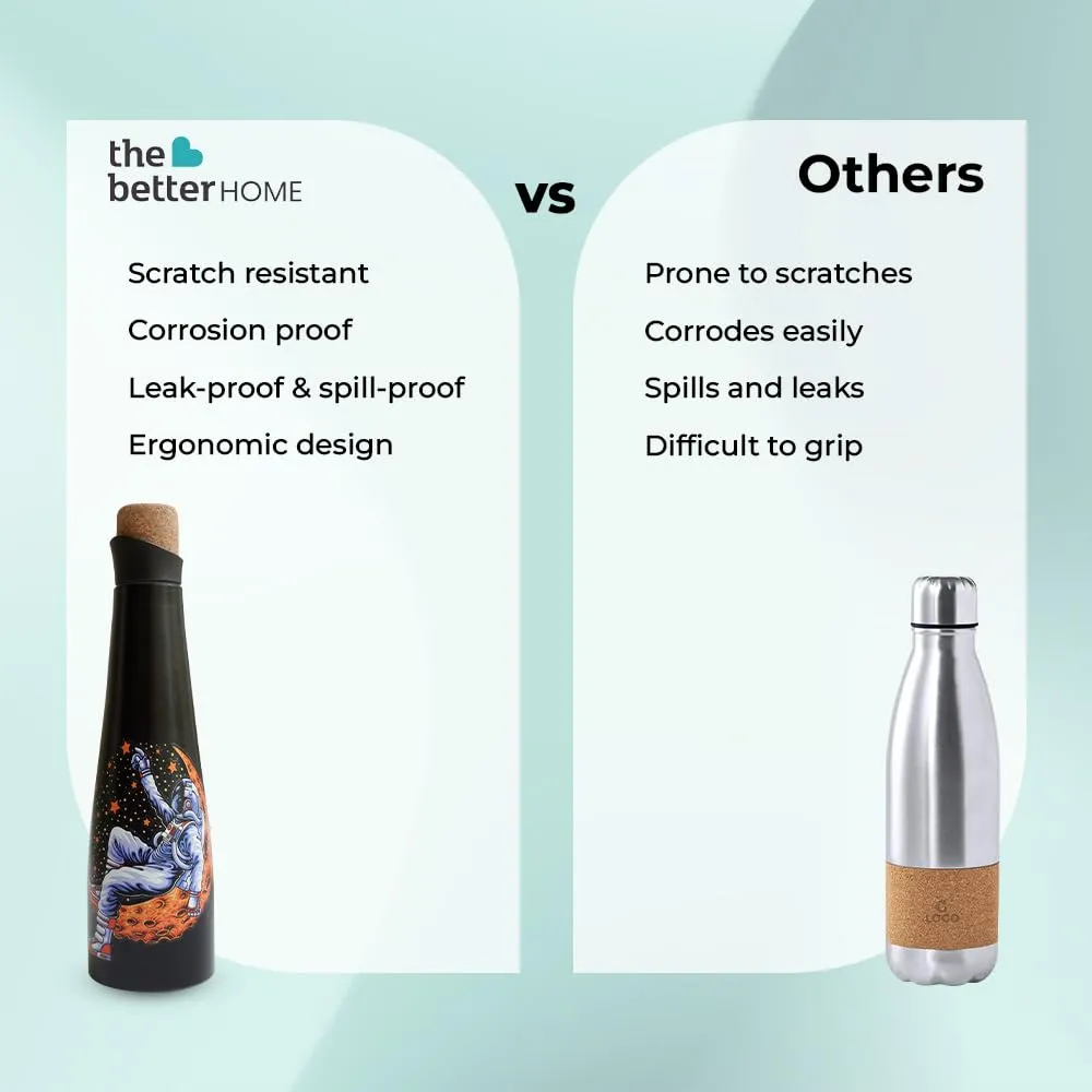 The Better Home Insulated Stainless Steel Water Bottle with Cork Cap 750ml | 18 Hours of Insulation | Hot and Cold Water for Office School Gym | Airtight Leak Proof BPA Free | Unique Astronaut Print