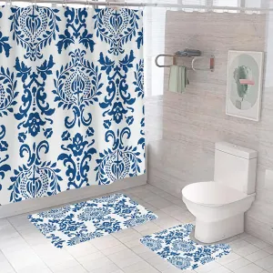 The Better Home Shower Curtain(180*180cm) Bathroom Mat(45*75cm) & U Shaped Mat(45*38cm) | 3Pcs Bathroom Accessories Set | Anti Skid Mat For Bathroom Floor | Water-Poof Polyester Materia- Royal Blue