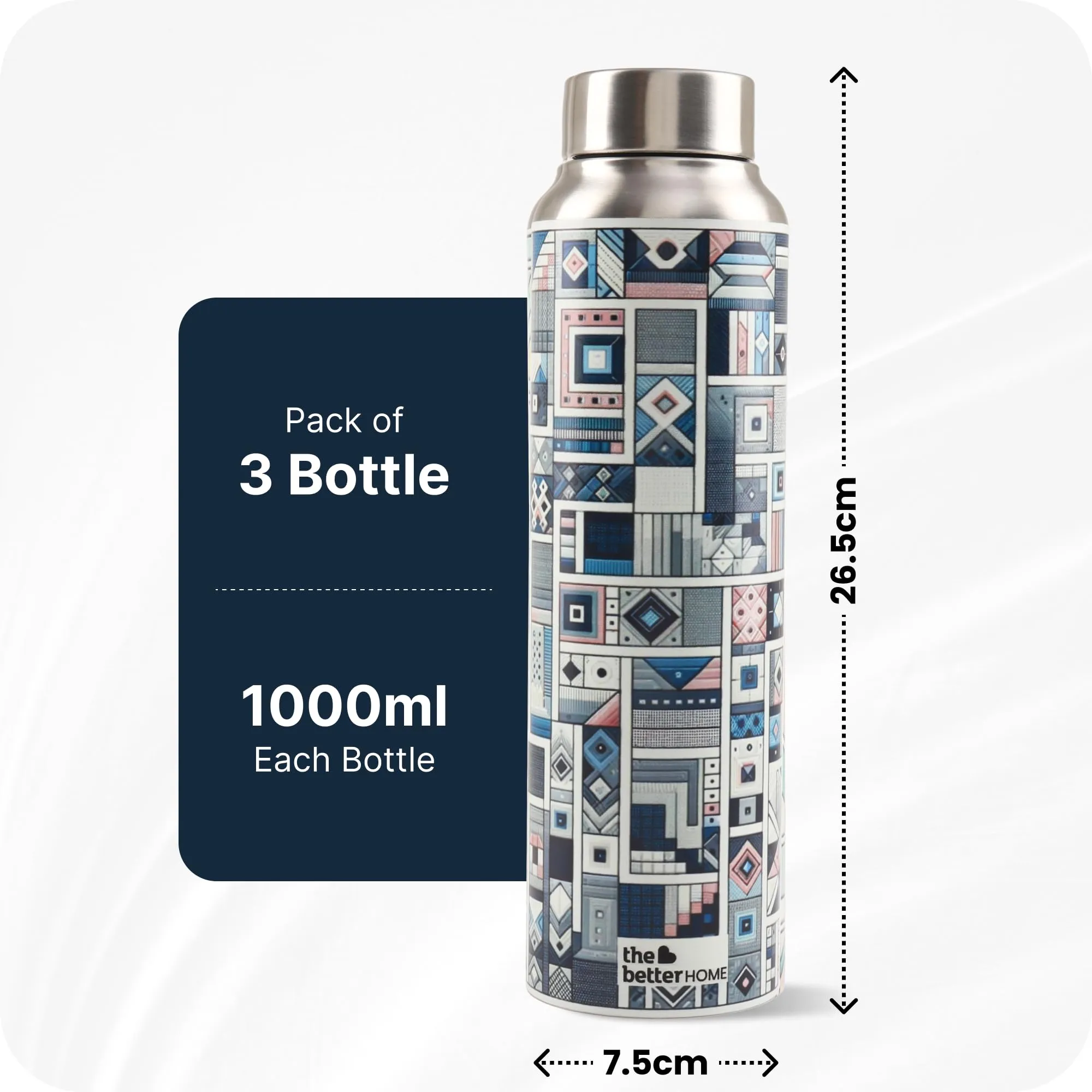 The Better Home Stainless Steel 1L Water Bottle | Pack of 3 | Gym Water Bottle For Men | Travel Bottle For Adults/Kids/School/Office | Water Bottle For Kids (Block Party)