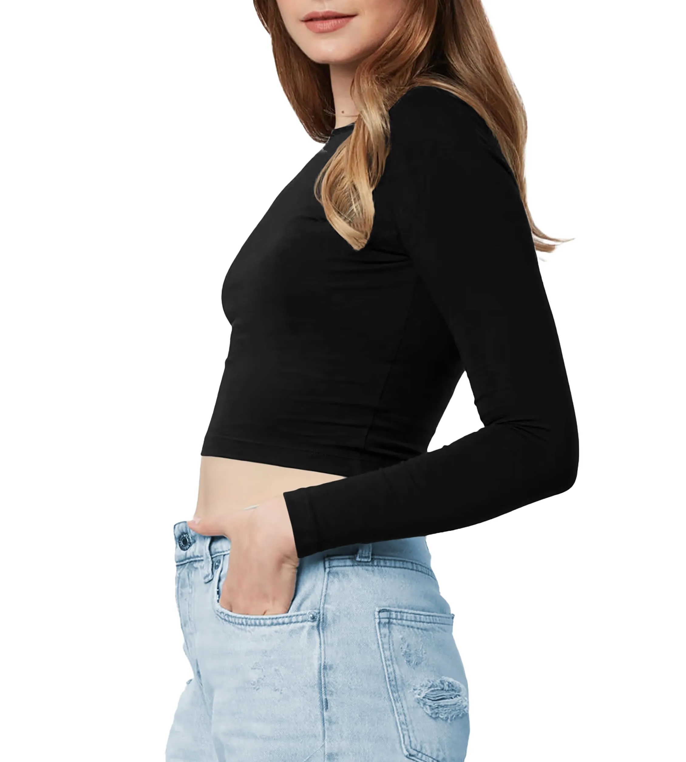 THE BLAZZE Women's Cotton Boat Neck Full Sleeve Solid Casual Wear Black Crop Top for Women L357 1138 (M, BLK)