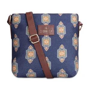 THE CLOWNFISH Aahna Printed Handicraft Fabric Crossbody Sling bag for Women Casual Party Bag Purse with Adjustable Shoulder Strap for Ladies College Girls (Dark Blue)