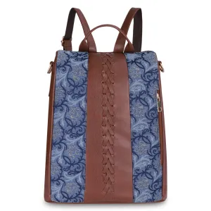 THE CLOWNFISH Akaya Collection Tapestry Fabric & Faux Leather Anti-Theft Back Open Style Womens Standard Backpack Travel Standard Backpack For College Going Girls (Blue-Floral), 10.5 Litre