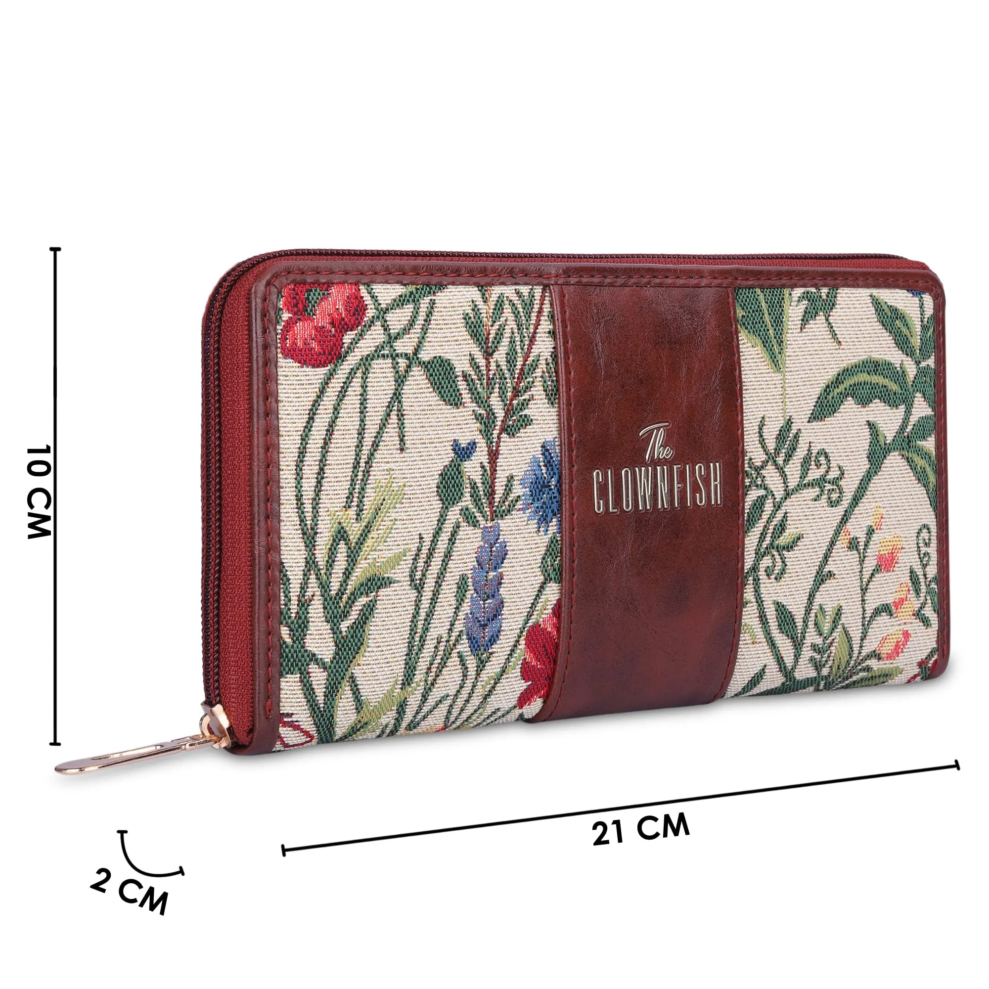 THE CLOWNFISH Aria Collection Tapestry Fabric & Faux Leather Zip Around Style Womens Wallet Clutch Ladies Purse with Card Holders (Flax)