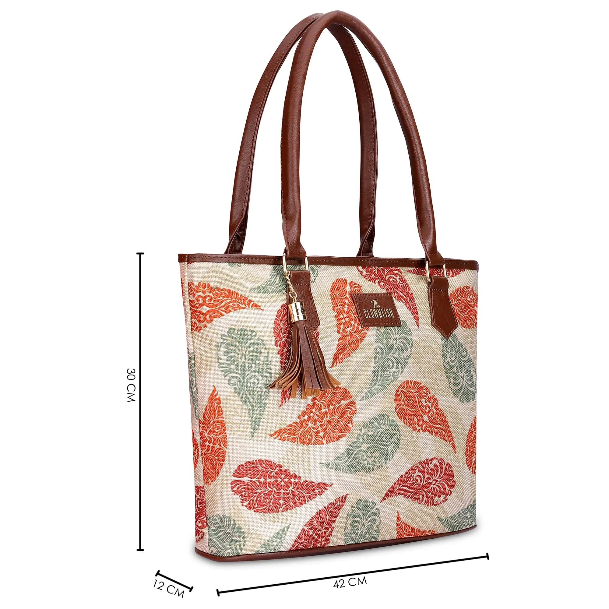 THE CLOWNFISH Aviva Printed Handicraft Fabric Handbag for Women Office Bag Ladies Shoulder Bag Tote for Women College Girls (Cream)