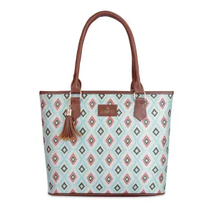 THE CLOWNFISH Aviva Printed Handicraft Fabric Handbag for Women Office Bag Ladies Shoulder Bag Tote for Women College Girls (Sky Blue-Diamond Design)