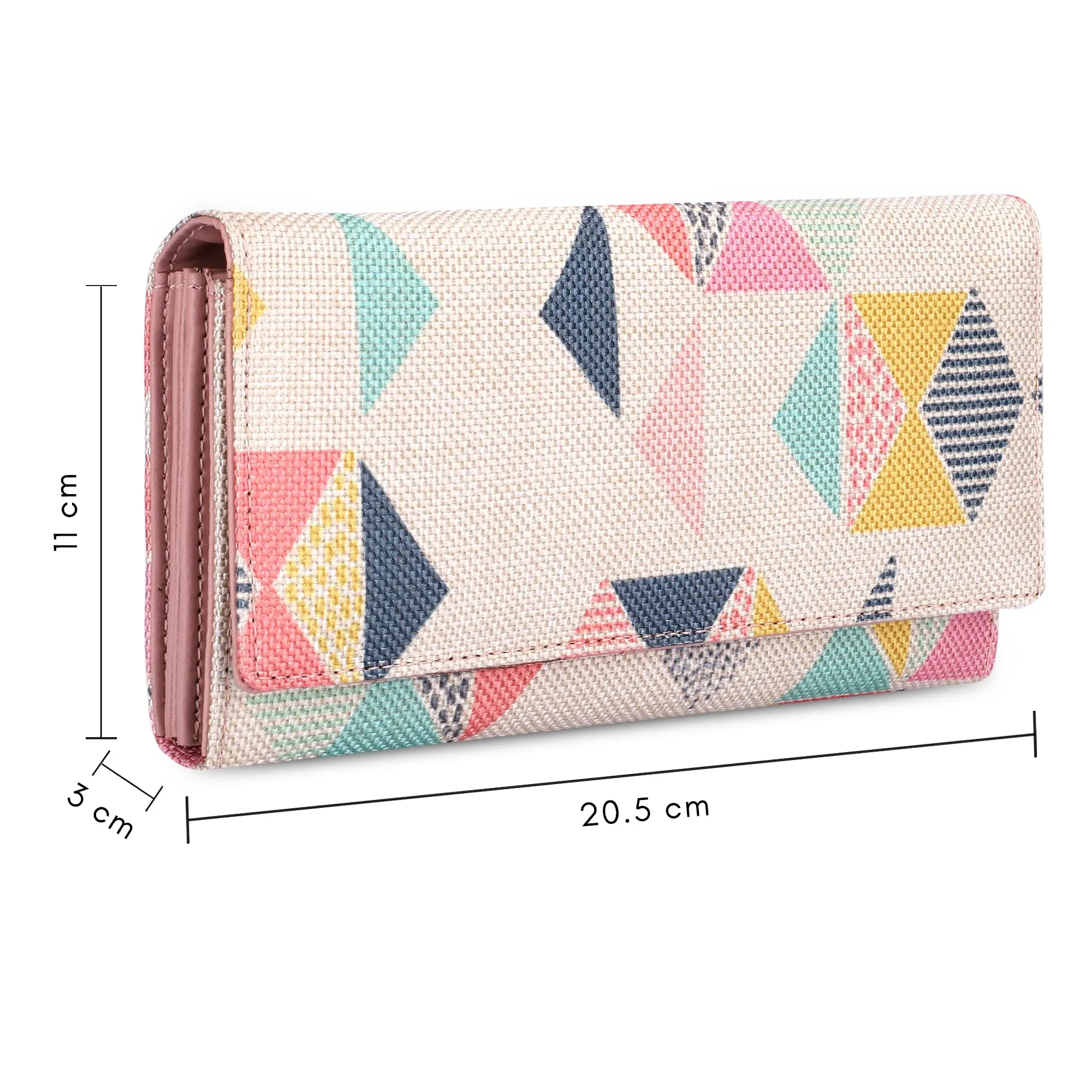 THE CLOWNFISH Charisma Collection Printed Handicraft Fabric & Faux Leather Womens Wallet Clutch Ladies Purse with Multiple Card Slots (Multicolour-Geometric Design)