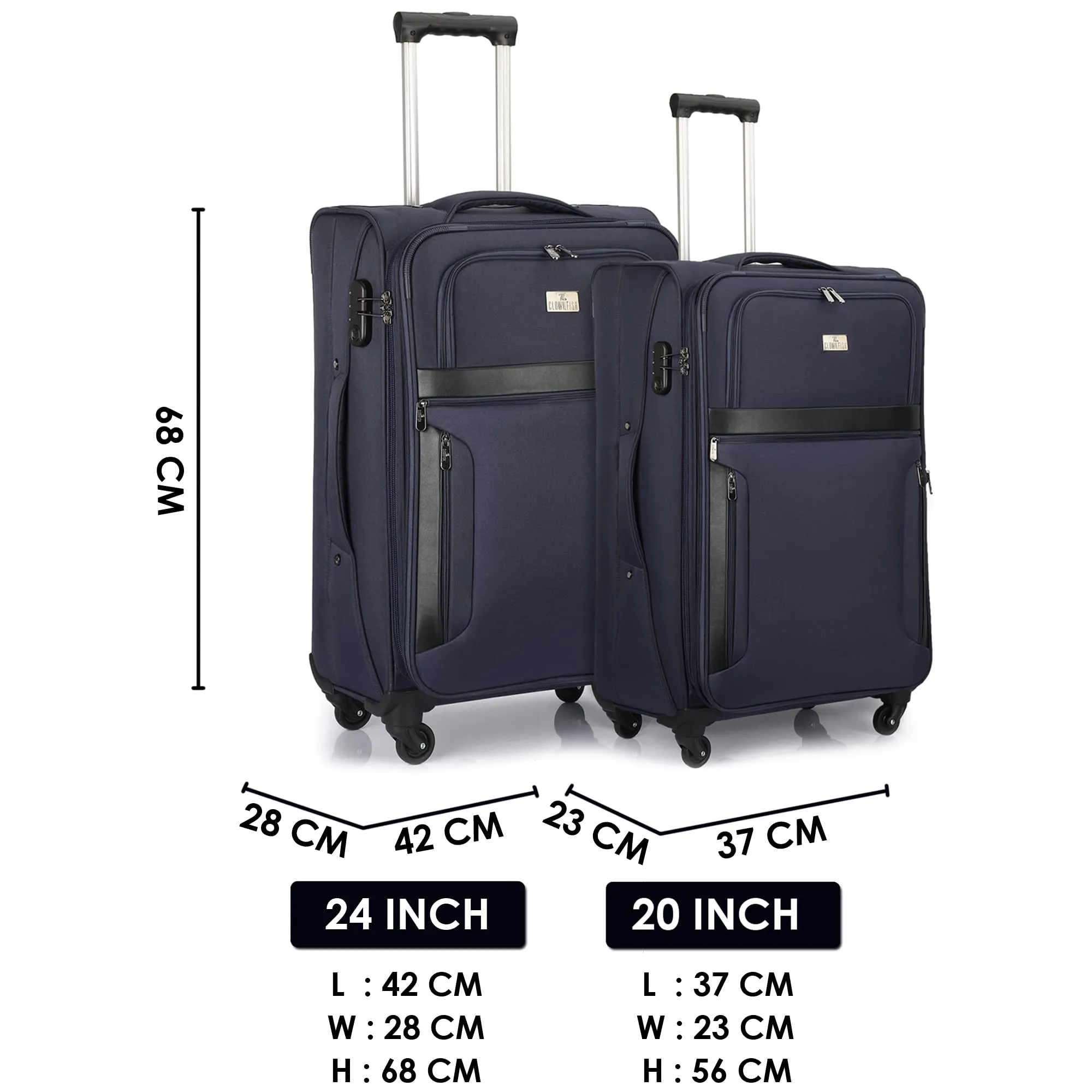 THE CLOWNFISH Combo of 2 Faramund Series Luggage Polyester Softsided Suitcases Four Wheel Trolley Bags - Navy Blue (68 cm, 56 cm)