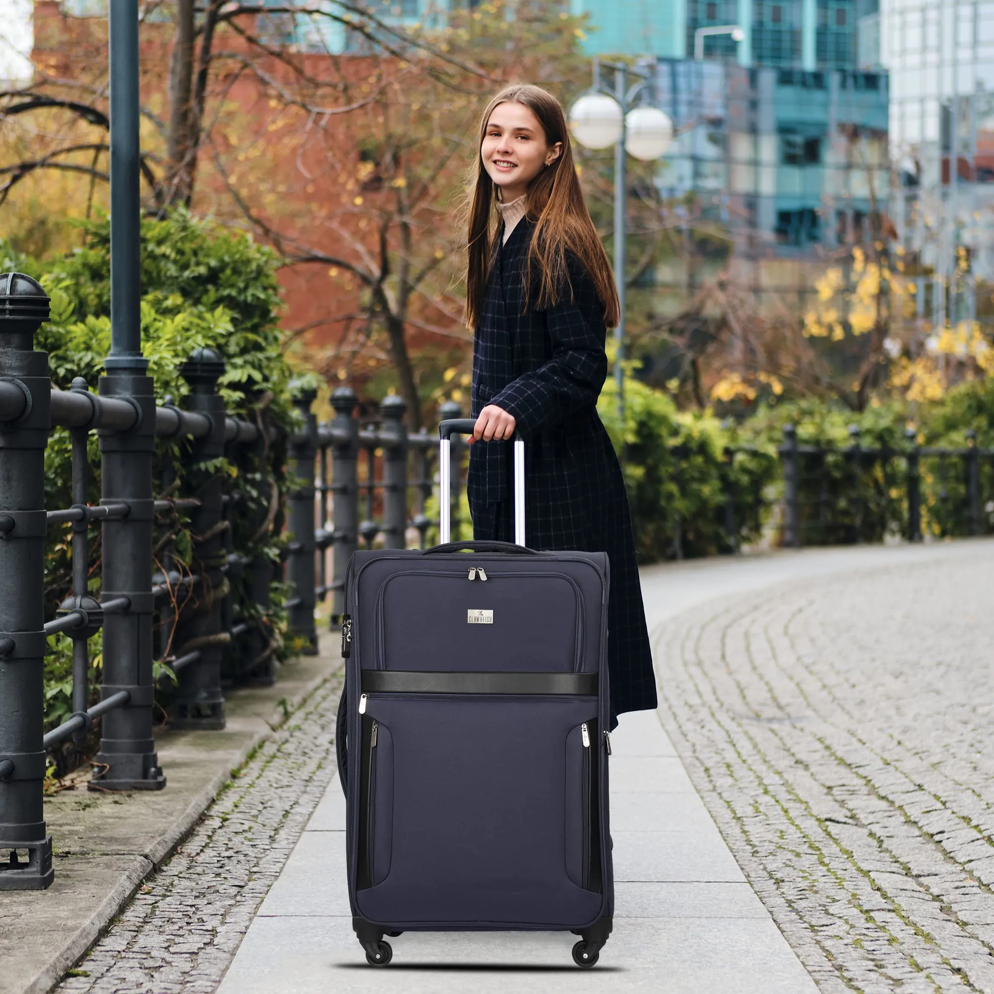 THE CLOWNFISH Combo of 3 Faramund Series Luggage Polyester Softsided Suitcases Four Wheel Trolley Bags - Navy Blue (76 cm, 68 cm, 56 cm)