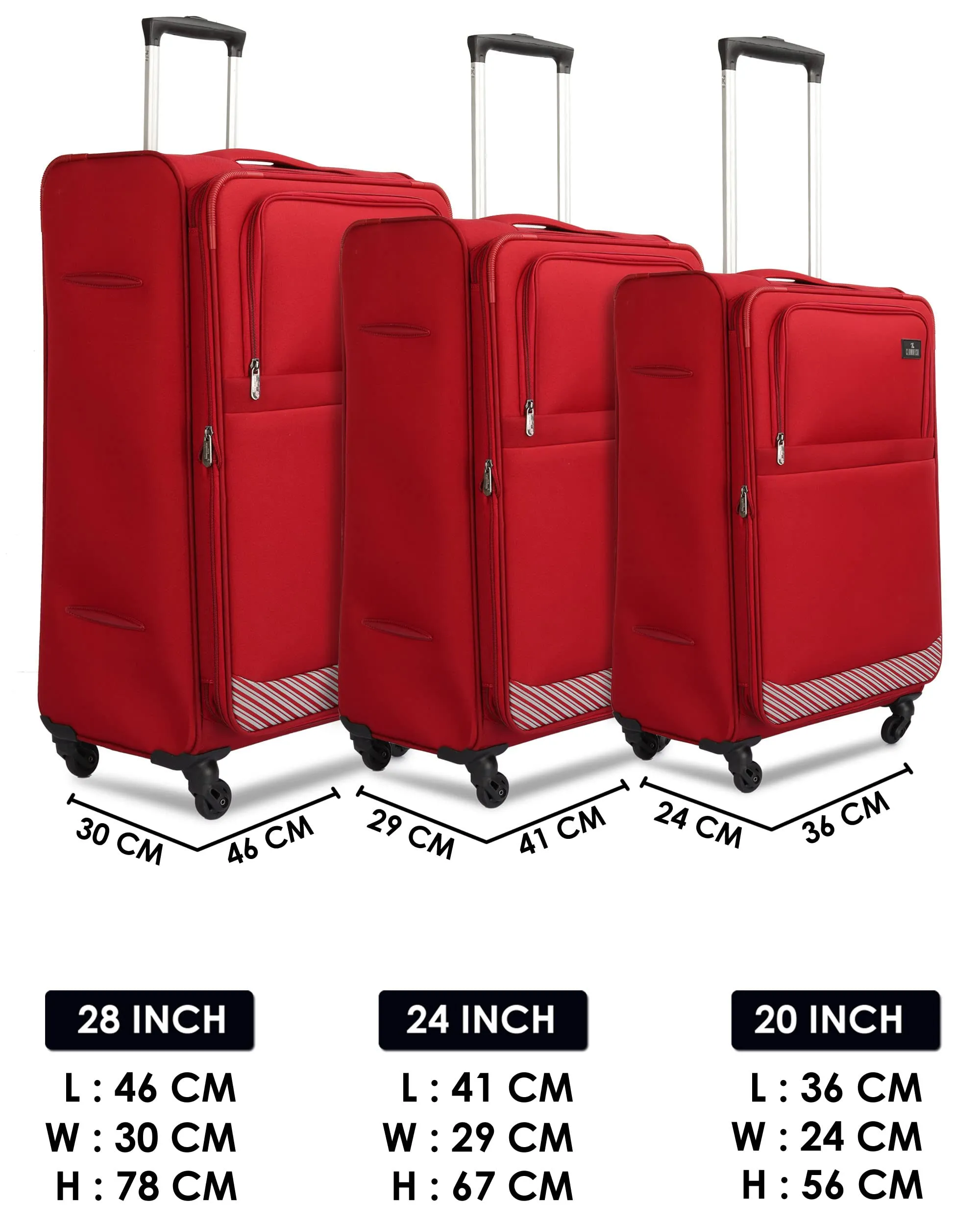 THE CLOWNFISH Combo of 3 Sydney Luggage Polyester Soft Case Suitcases Varied Sizes Four Wheel Trolley Bags - Red (56 cm, 67 cm, 78 cm)