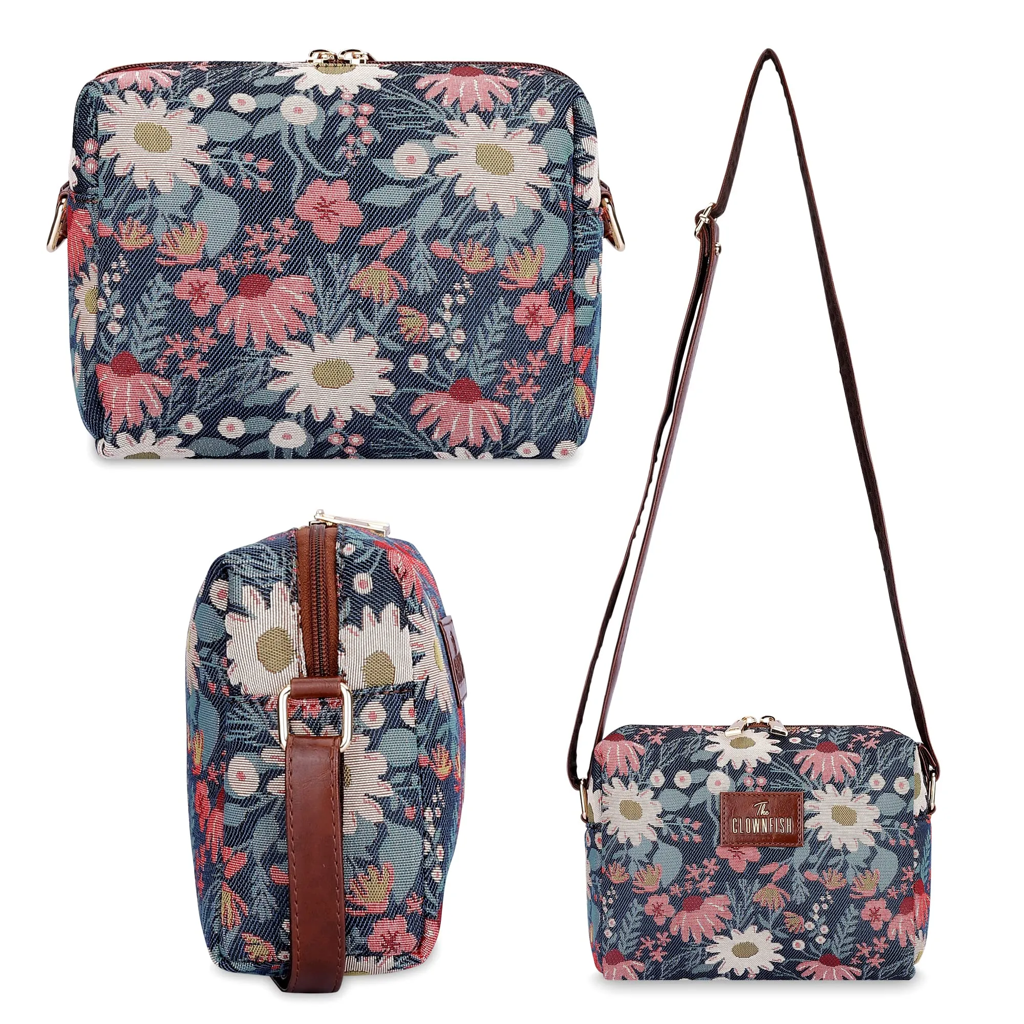 THE CLOWNFISH Combo Of Adelina Series Sling for Women Crossbody Bag for College Girls Lorna Tapestry Fabric & Faux Leather Handbag Sling Bag for Women (Purple-Floral)