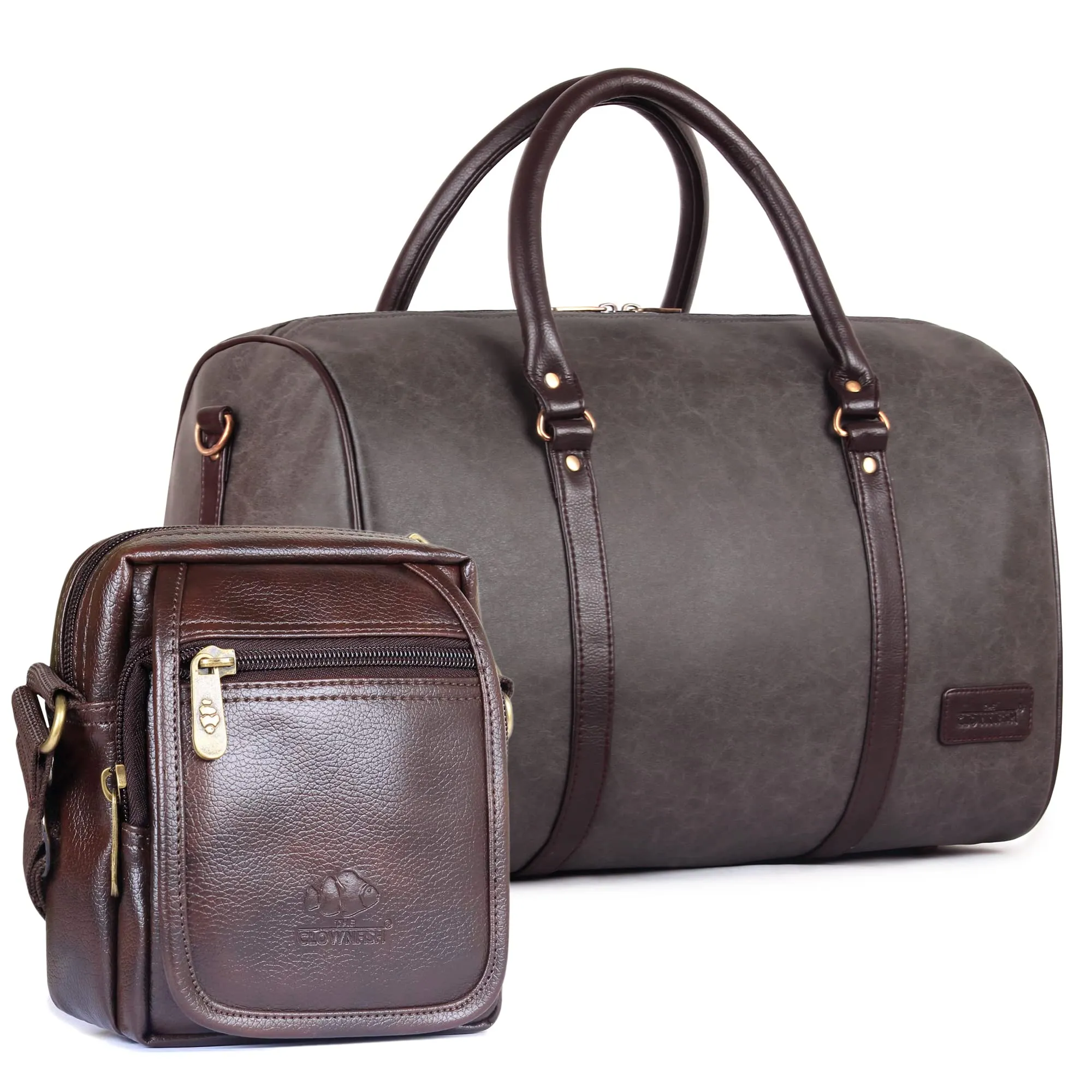 The Clownfish Combo of Lincoln Vegan Leather 29 L Travel Duffel Bag (Ash Grey) & The Clownfish Bliss Faux Leather Sling Bag(Brown)