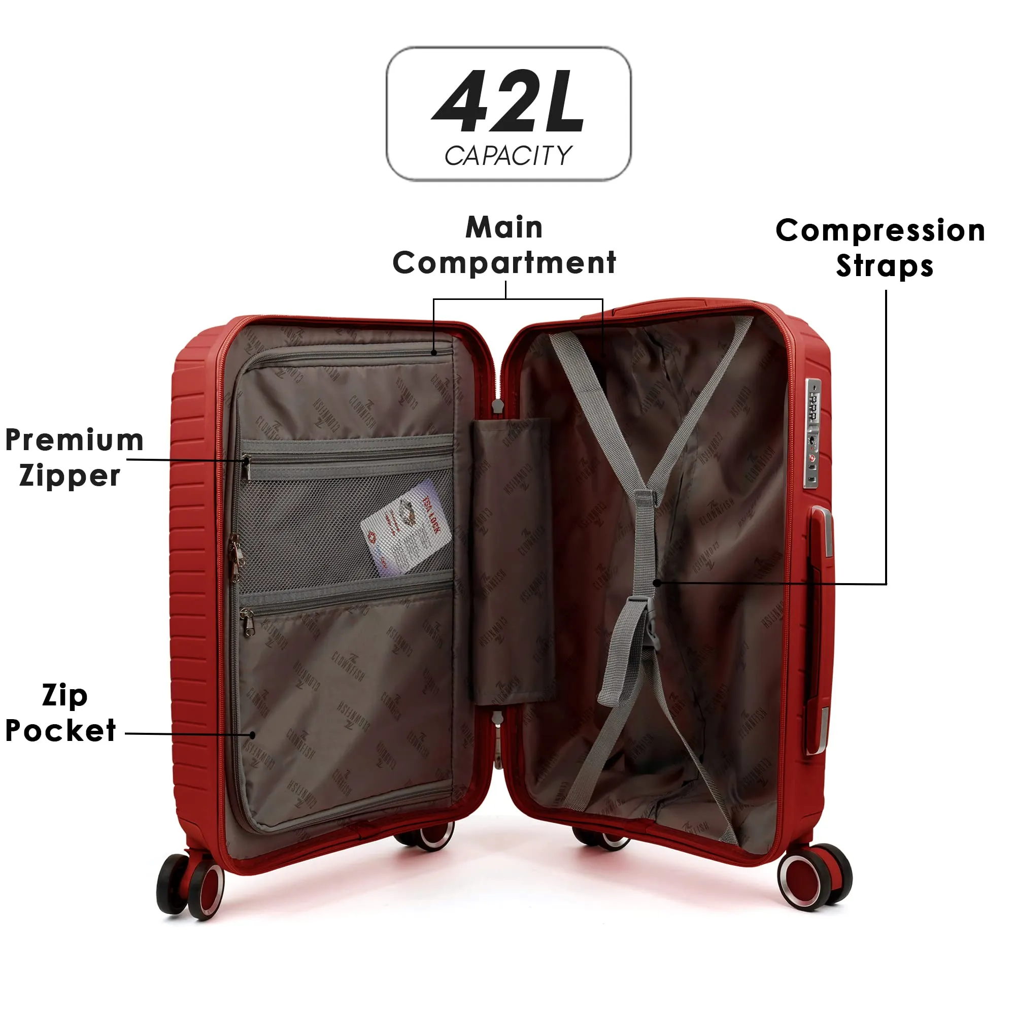 THE CLOWNFISH Denzel Series Luggage Polypropylene Hard Case Suitcase Eight Wheel Trolley Bag with TSA Lock- Red (Small Size, 56 cm-22 inch)