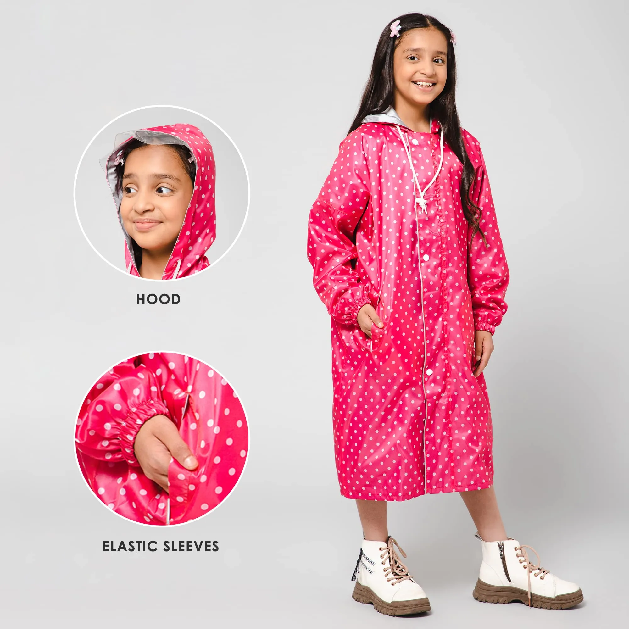 The Clownfish Drizzle Dot Series Kids Raincoat Waterproof Polyester Double Coating Reversible Longcoat with Hood and Reflector Logo at Back. Printed Plastic Pouch. Kid Age-11-12 years (Bubblegum Pink)