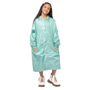 THE CLOWNFISH Drizzle Dot Series Kids Raincoat Waterproof Polyester Double Coating Reversible Longcoat with Hood and Reflector Logo at Back. Printed Plastic Pouch. Kid Age-7-8 years (Seafoam Green)