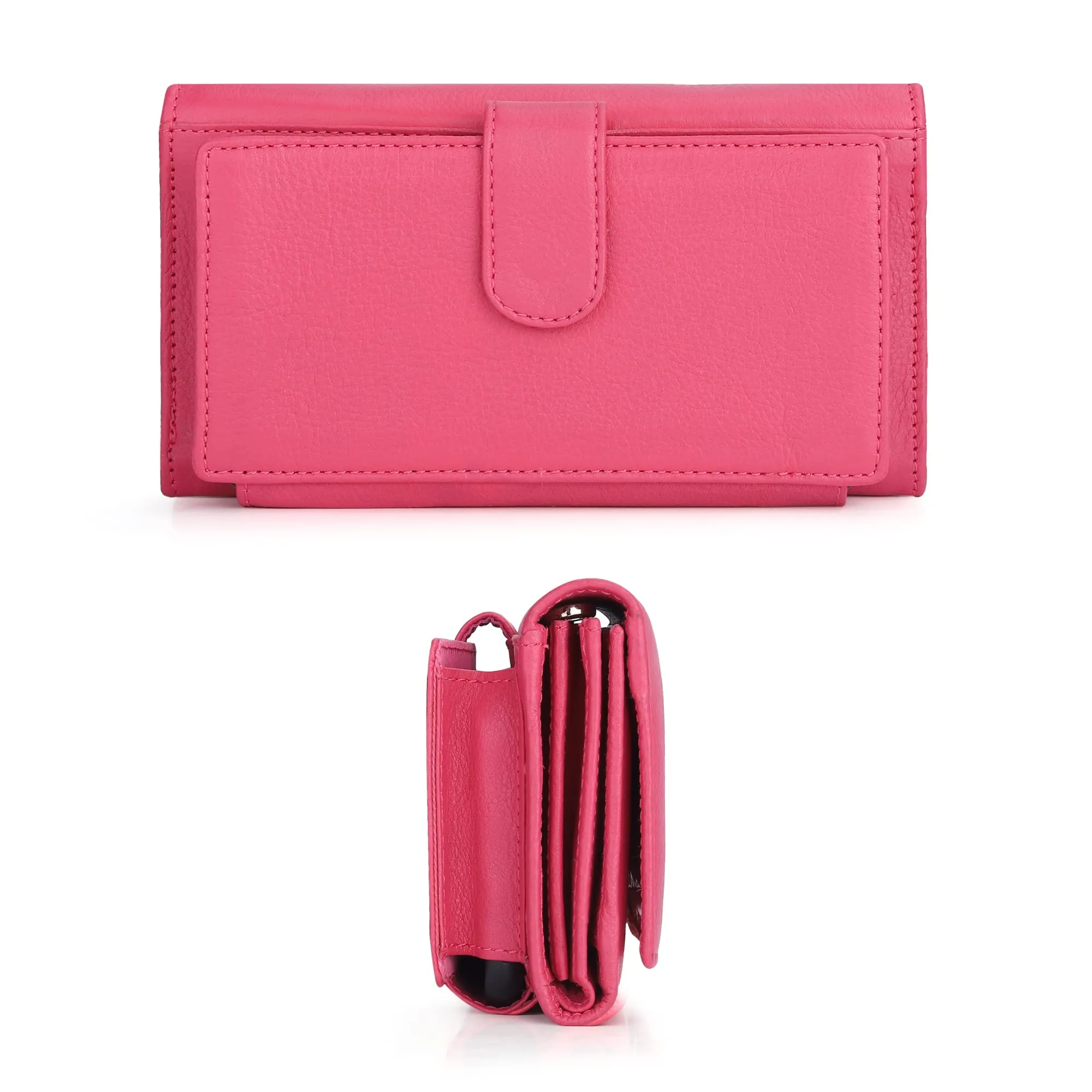 THE CLOWNFISH Elsa Collection Genuine Leather Tri-Fold Womens Wallet Clutch Ladies Purse with Multiple Card Slots & ID Card Windows (Dark Pink)