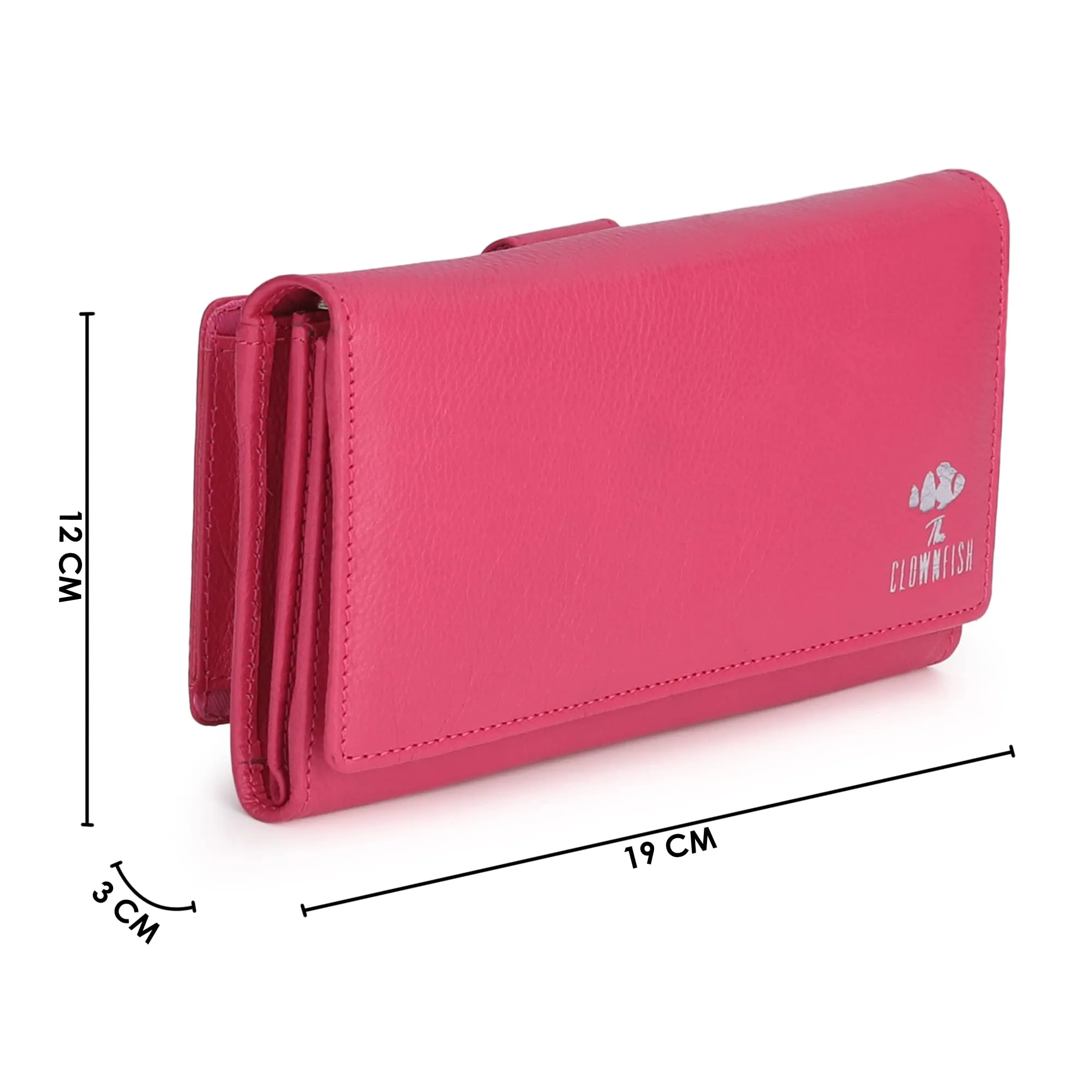 THE CLOWNFISH Elsa Collection Genuine Leather Tri-Fold Womens Wallet Clutch Ladies Purse with Multiple Card Slots & ID Card Windows (Dark Pink)