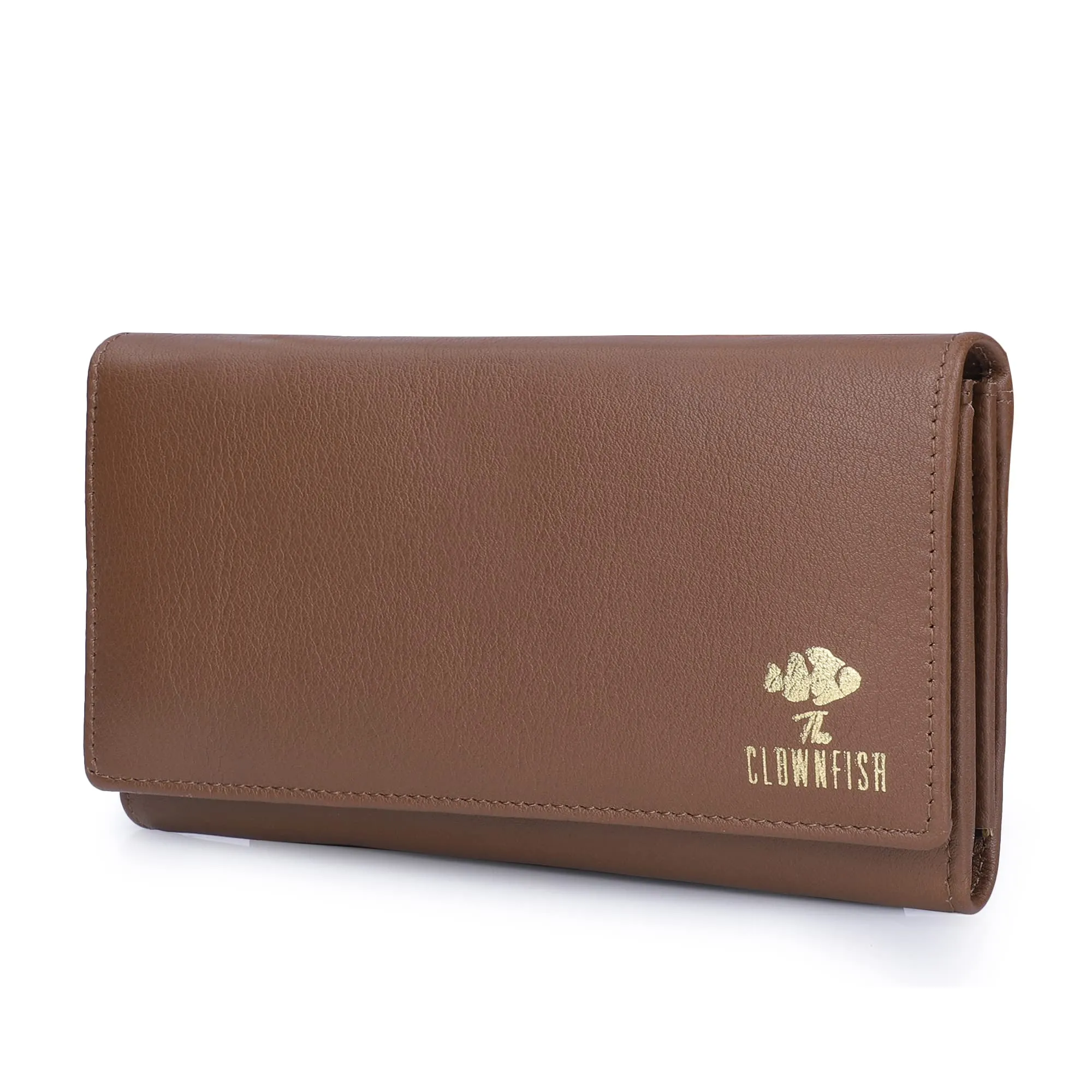 THE CLOWNFISH Elsa Collection Genuine Leather Tri-Fold Womens Wallet Clutch Ladies Purse with Multiple Card Slots & ID Card Windows (Khaki)