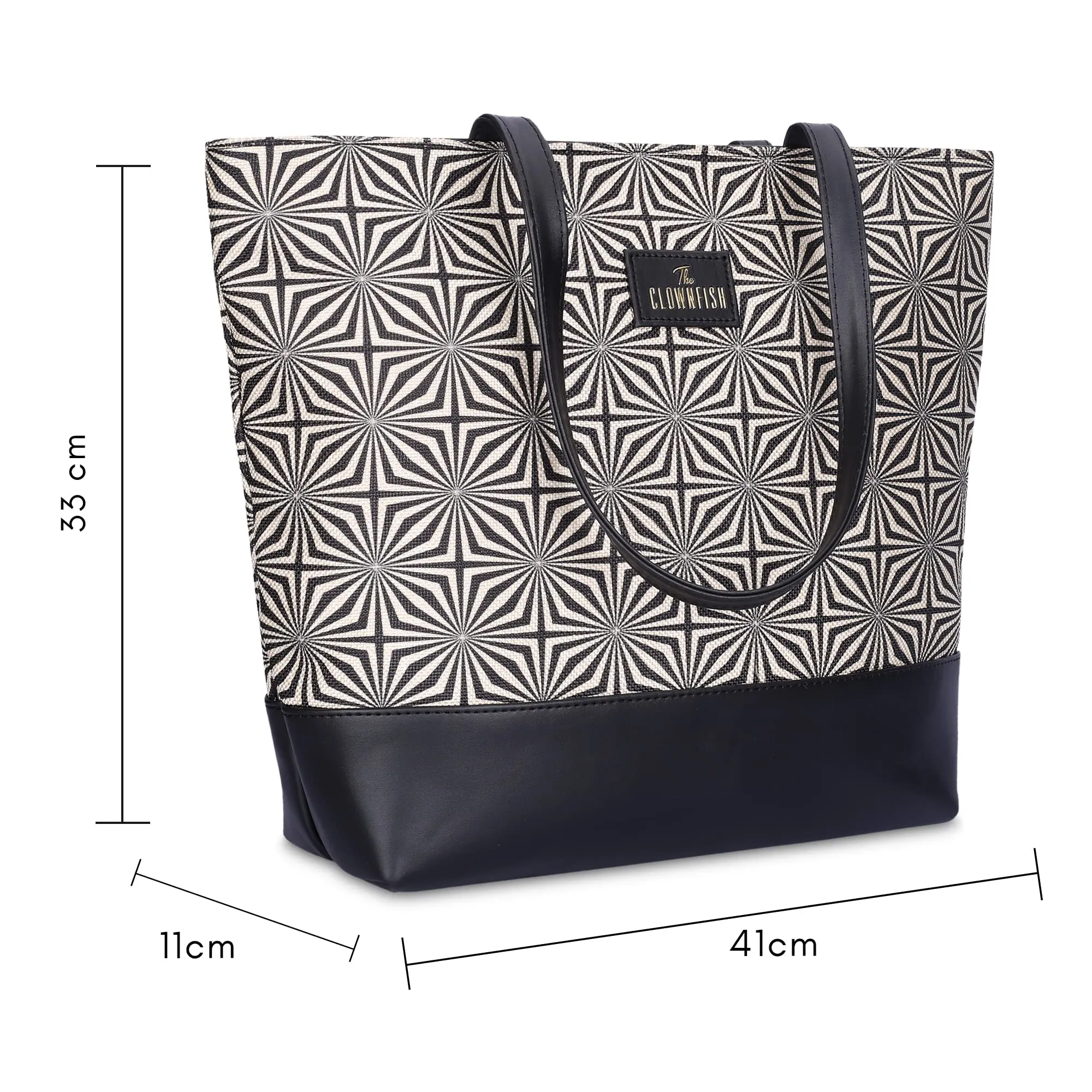 THE CLOWNFISH Empower Series Printed Handicraft Fabric & Faux Leather Handbag for Women Office Bag Ladies Shoulder Bag Tote for Women College Girls (Black-Geometric Design)