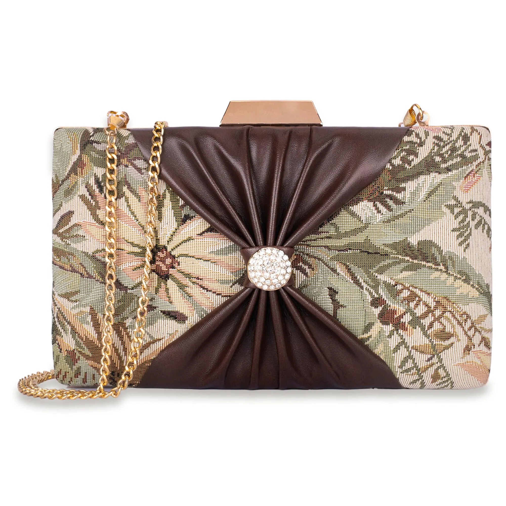 THE CLOWNFISH Estella Collection Tapestry Womens Party Clutch Ladies Wallet Evening Bag with Chain Strap (Flax)