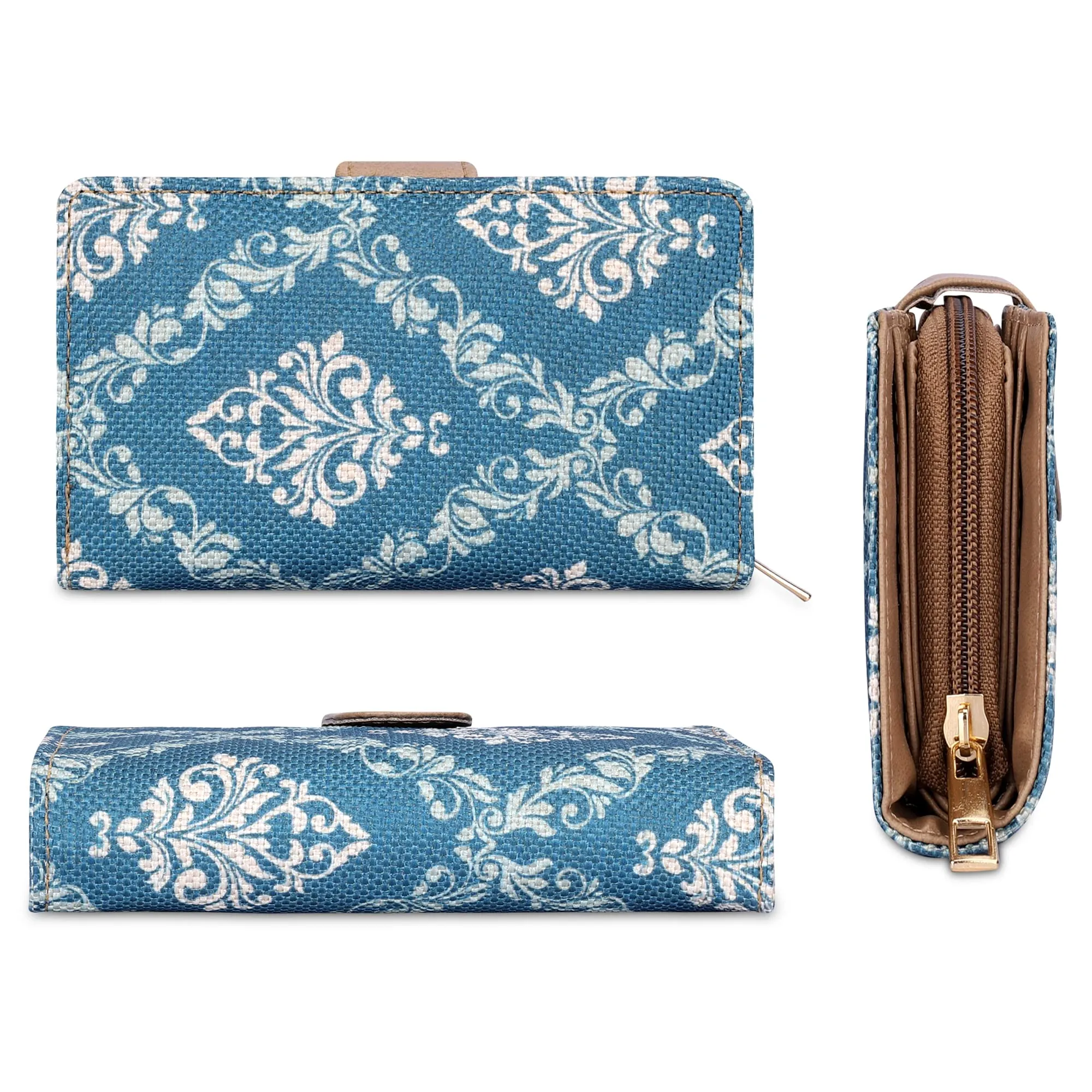 THE CLOWNFISH Fab Series Printed Handicraft Fabric & Vegan Leather Ladies Wallet Clutch Purse for Women Girls with Multiple Compartments (Blue)