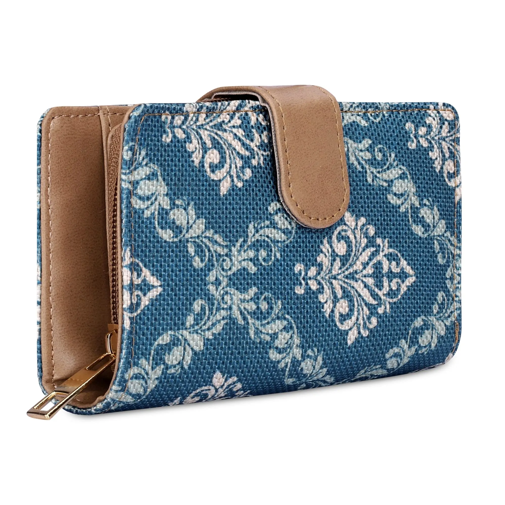 THE CLOWNFISH Fab Series Printed Handicraft Fabric & Vegan Leather Ladies Wallet Clutch Purse for Women Girls with Multiple Compartments (Blue)