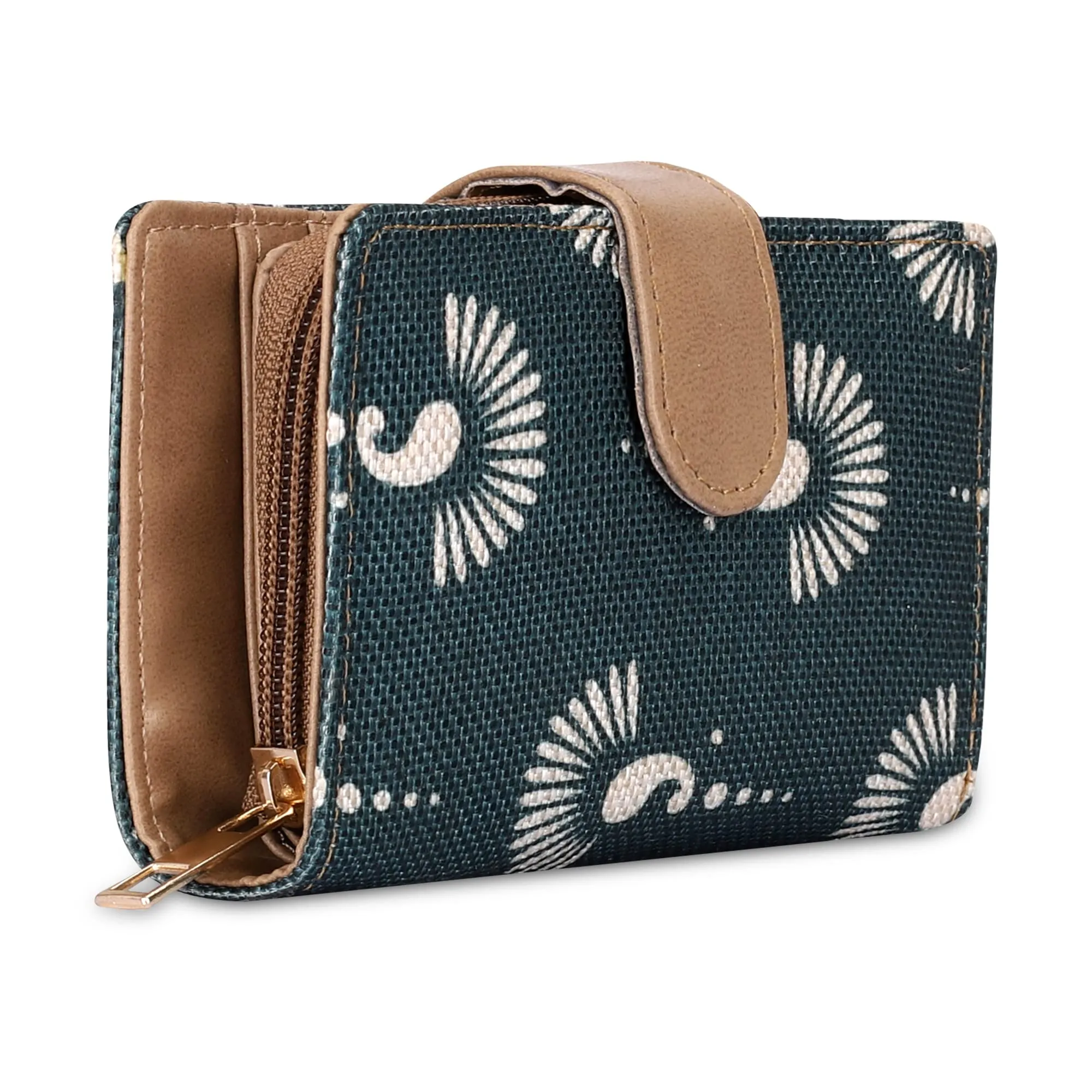 THE CLOWNFISH Fab Series Printed Handicraft Fabric & Vegan Leather Ladies Wallet Clutch Purse for Women Girls with Multiple Compartments (Bottle Green)