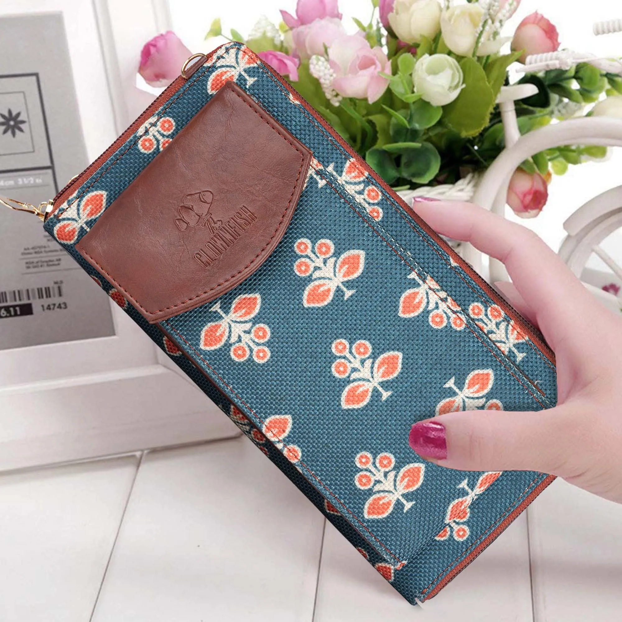 THE CLOWNFISH Fashionista Printed Handicraft Fabric & Vegan Leather Ladies Wallet Sling Bag with Front Mobile Pocket (Persian Green)