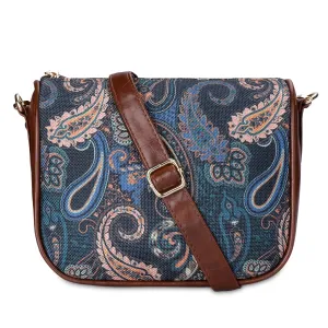 THE CLOWNFISH Garnet Series Printed Handicraft Fabric & Tapestry Crossbody Sling Bag for Women Ladies Single Shoulder Bag Shoulder Belt (Peacock Blue-Floral)