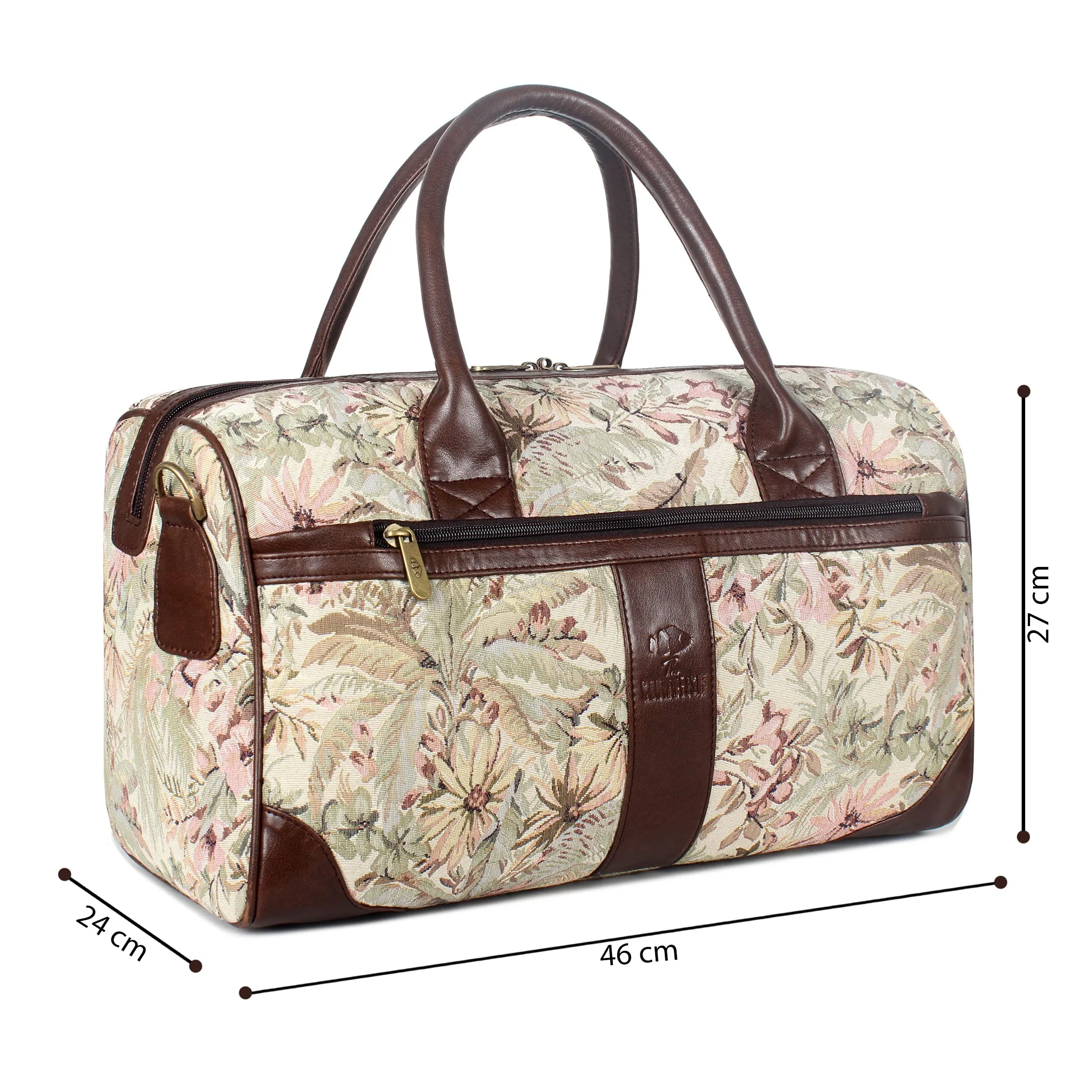 The Clownfish Greta 30 litres Tapestry with Faux Leather Unisex Travel Duffle Bag Weekender Bag (Beige)