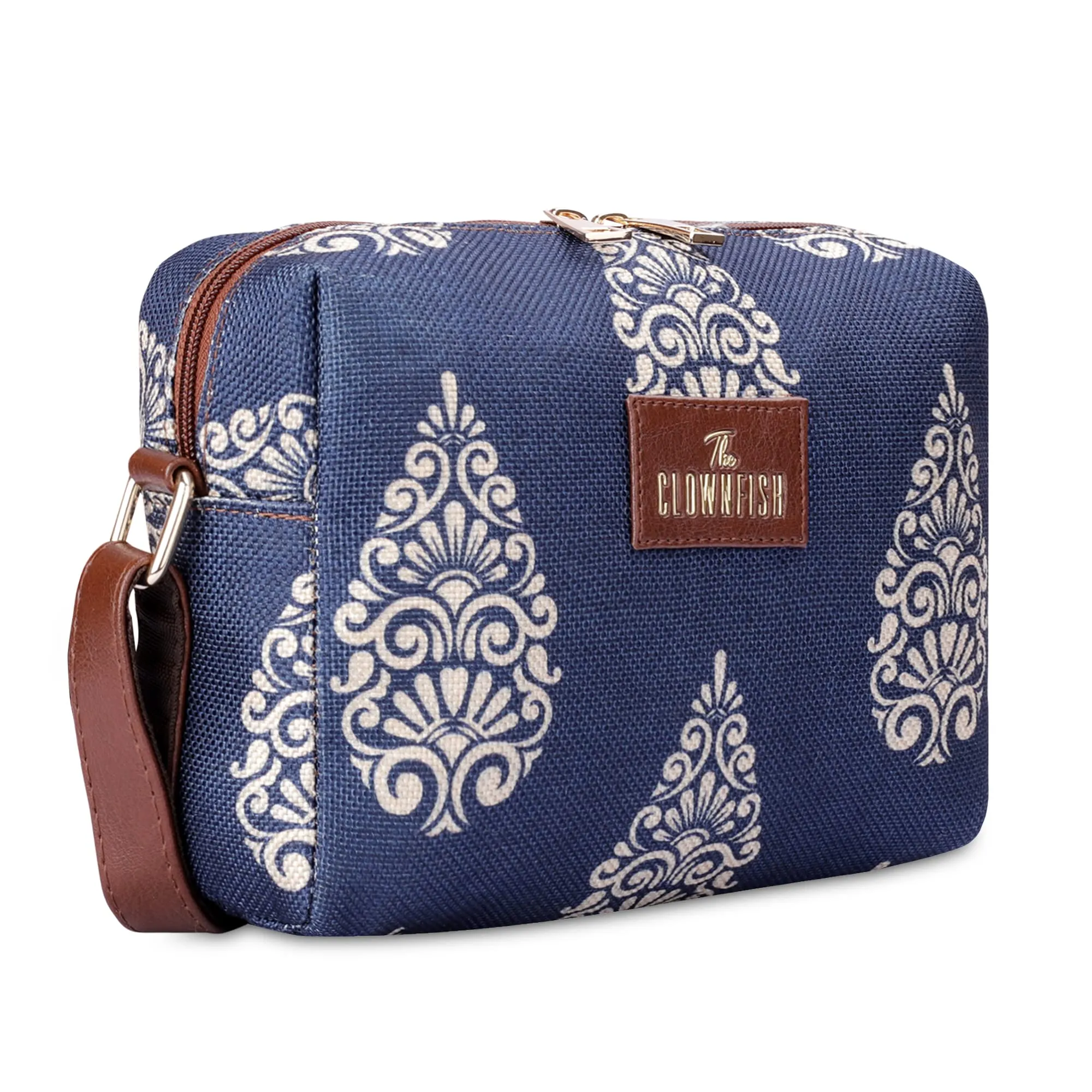 THE CLOWNFISH Isla Printed Handicraft Fabric Crossbody Sling bag for Women Casual Party Bag Purse with Adjustable Shoulder Strap for Ladies College Girls (Navyblue-Design)