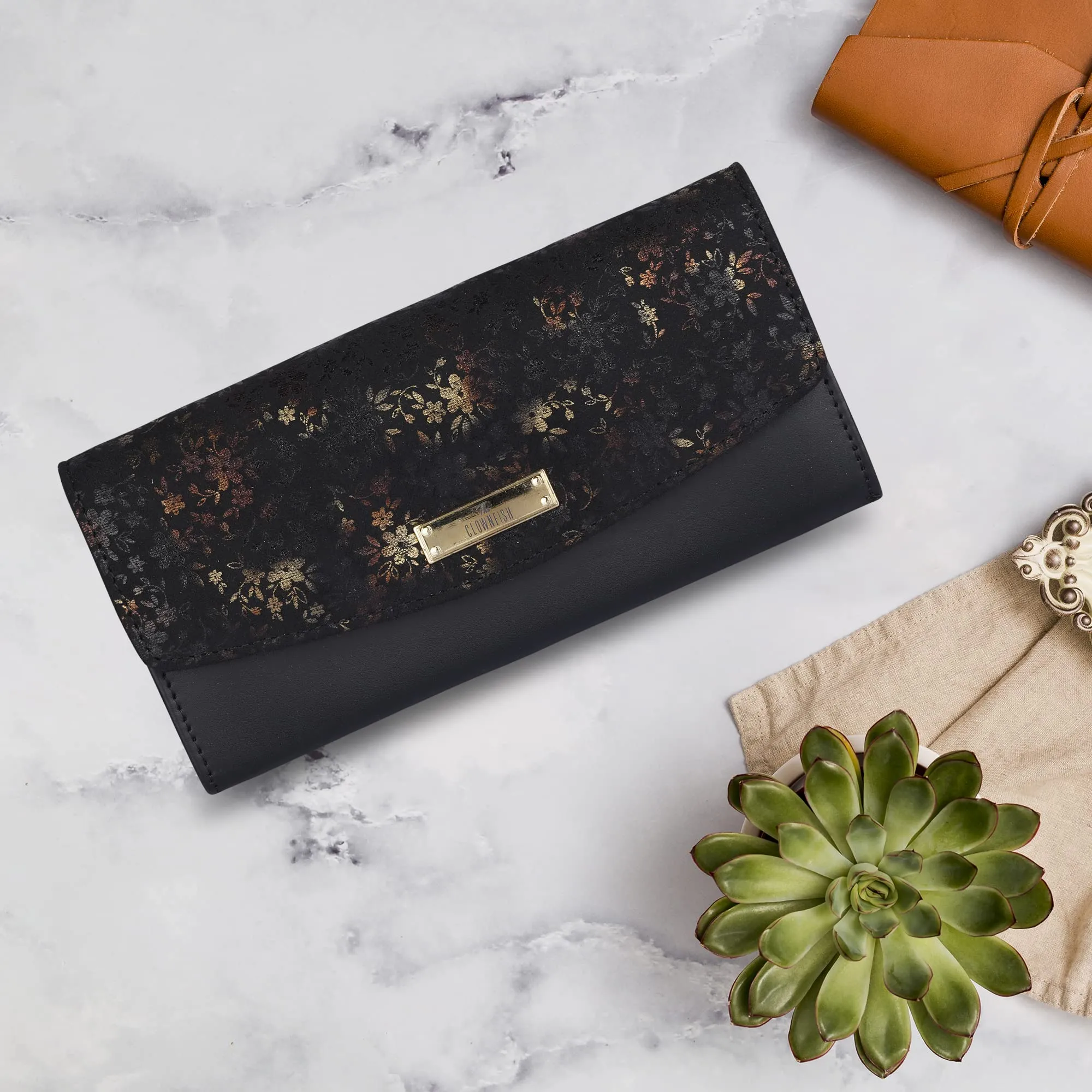 THE CLOWNFISH Jacinta Collection Womens Wallet Clutch Ladies Purse with Floral Design On Flap & Multiple Card Slots (Black)