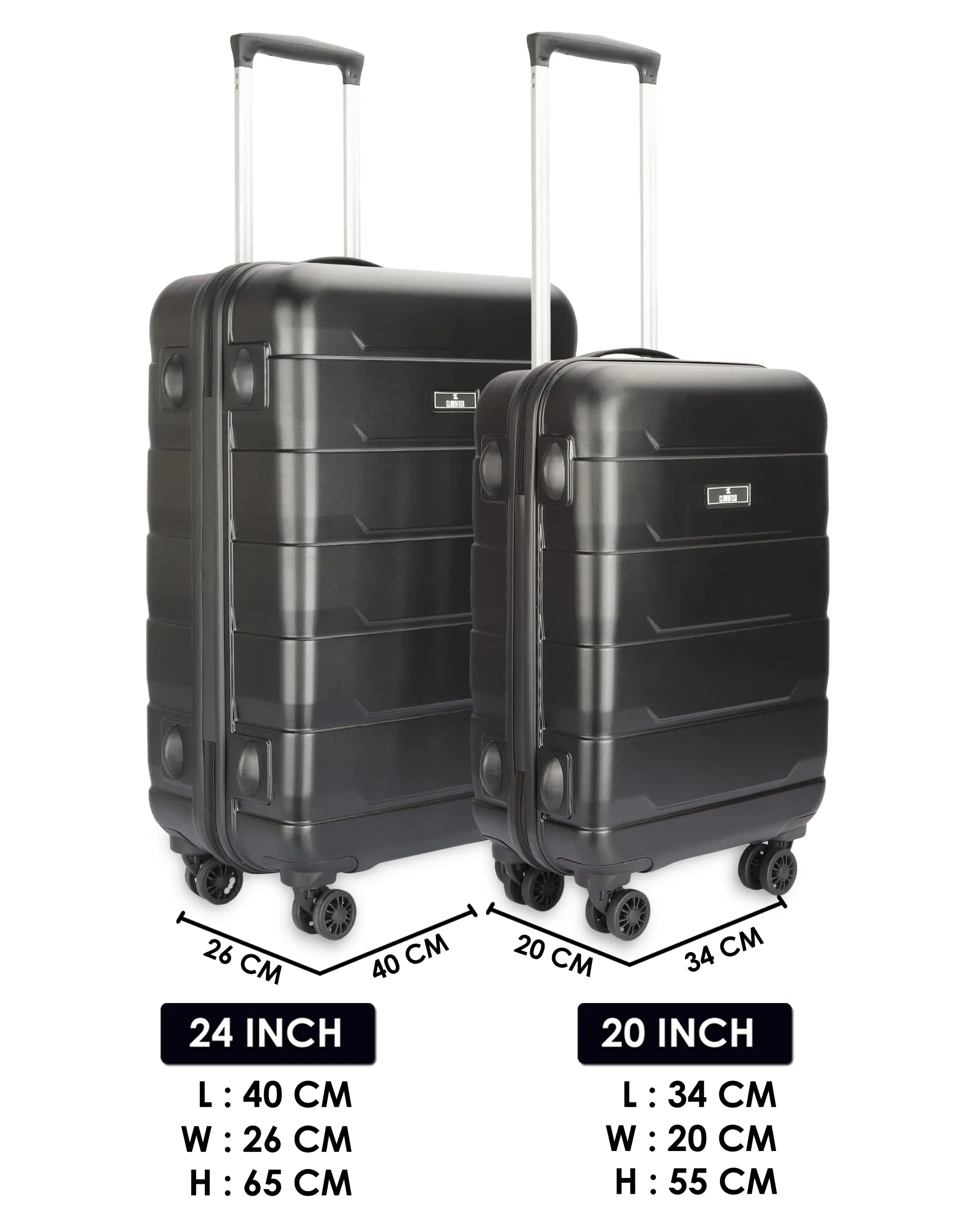 THE CLOWNFISH Jeffrey Combo of 2 Luggage Polycarbonate Hard Case Suitcases Varied Sizes Four Wheel Trolley Bags - Black (Medium size-65 cm, Small size-55 cm)