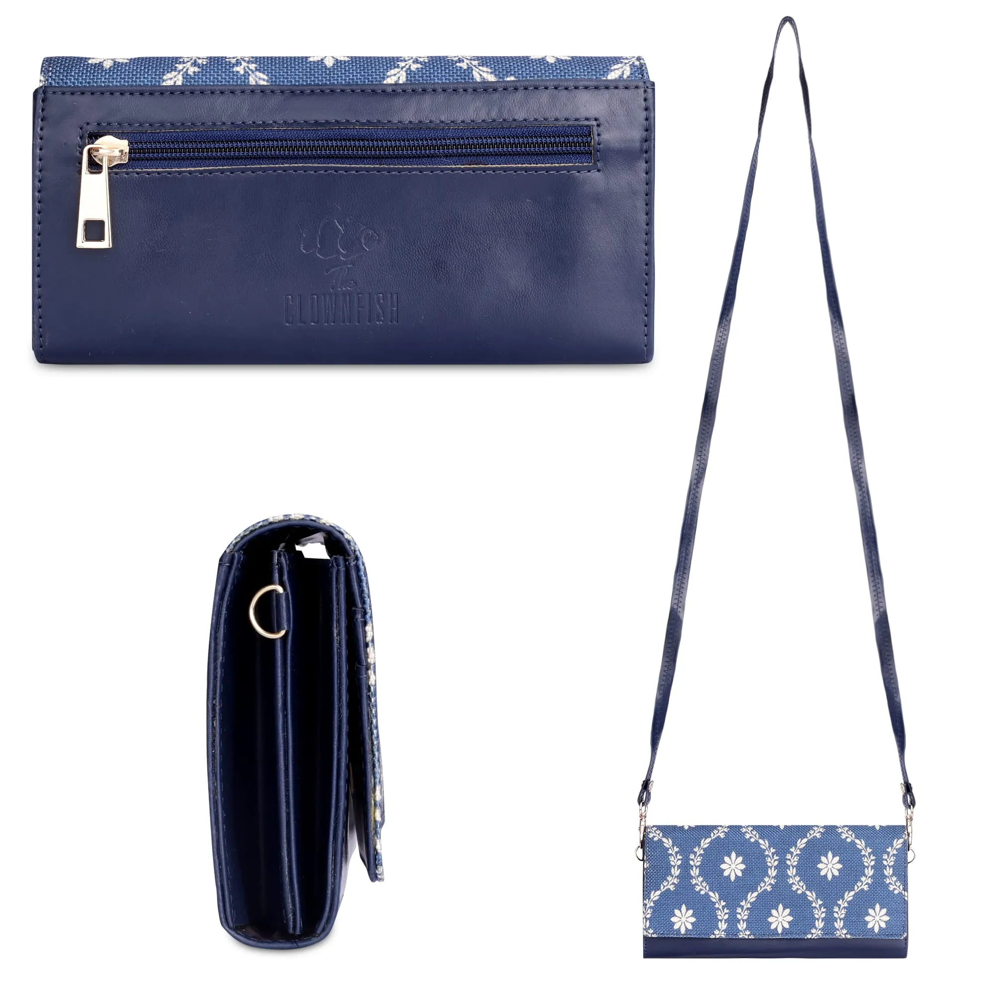 The Clownfish Jolene Printed Handicraft Fabric & Vegan Leather Ladies Wallet Purse Sling Bag with Multiple Card Slots (Royal Blue)