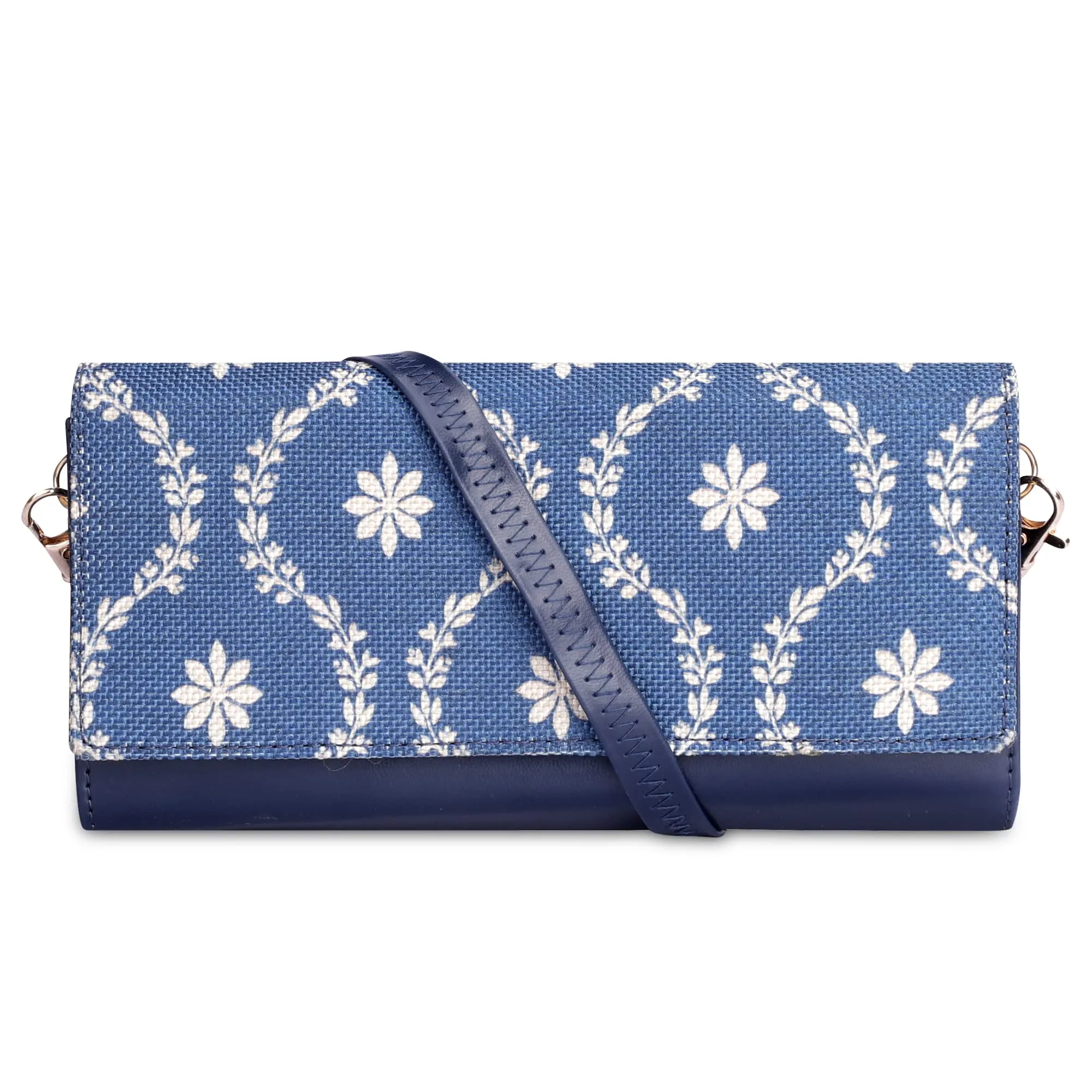 The Clownfish Jolene Printed Handicraft Fabric & Vegan Leather Ladies Wallet Purse Sling Bag with Multiple Card Slots (Royal Blue)