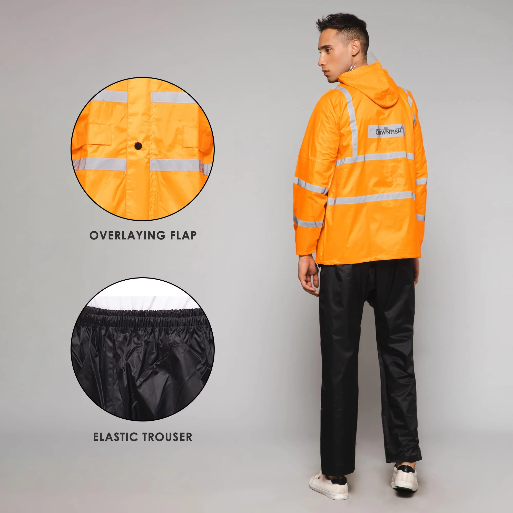 THE CLOWNFISH Leroy Series Rain Coat for Men Waterproof for Bike Raincoat for Men with Hood. Set of Orange Jacket with Black Trouser (XX-Large)