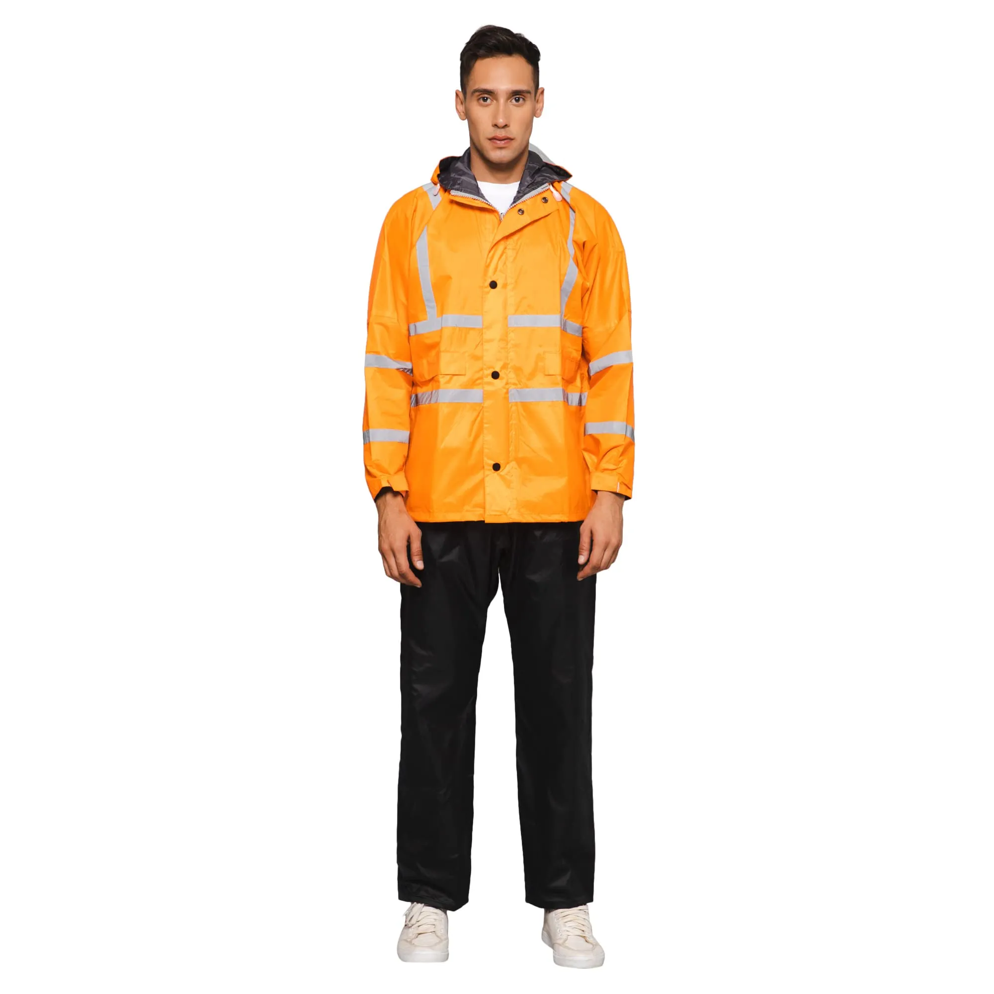 THE CLOWNFISH Leroy Series Rain Coat for Men Waterproof for Bike Raincoat for Men with Hood. Set of Orange Jacket with Black Trouser (XX-Large)